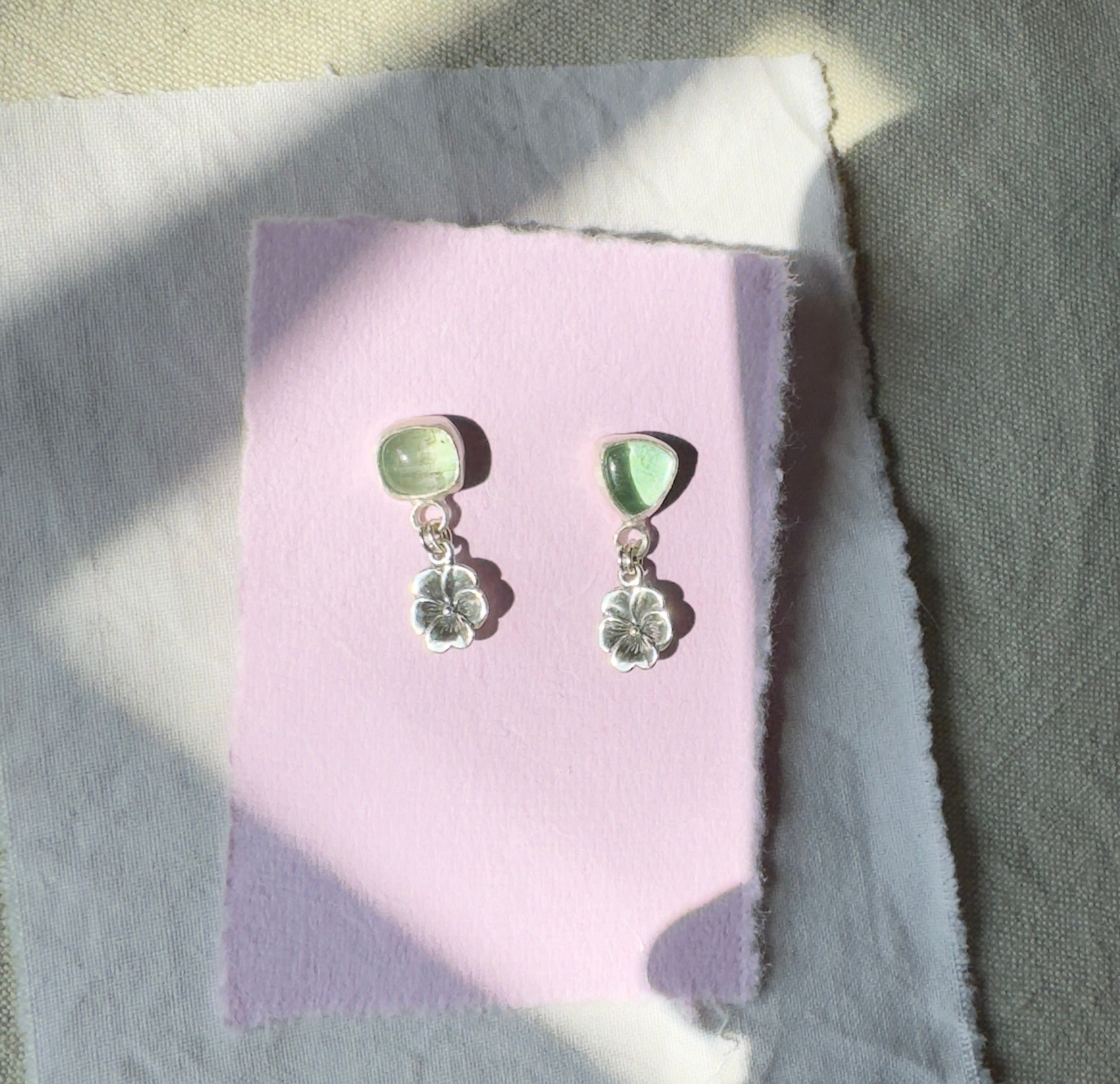 Green tourmaline earrings with sterling silver pansies