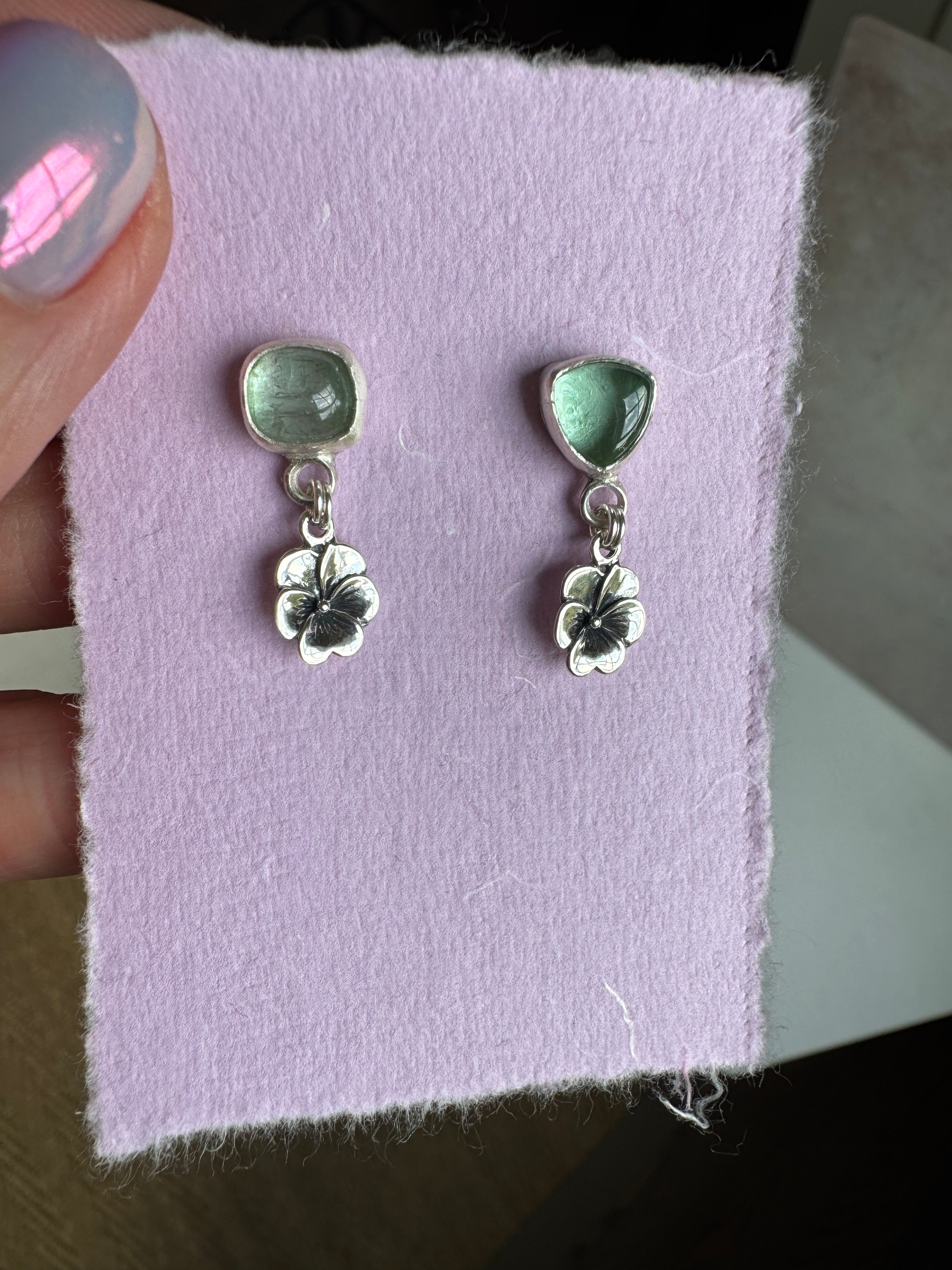 Green tourmaline earrings with sterling silver pansies