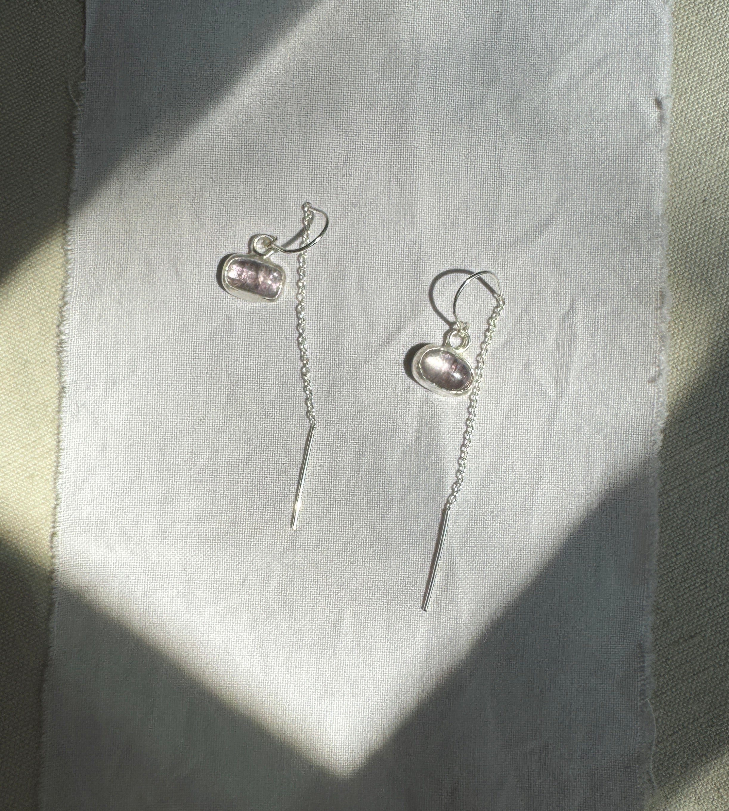 Purple tourmaline on sterling silver ear threaders