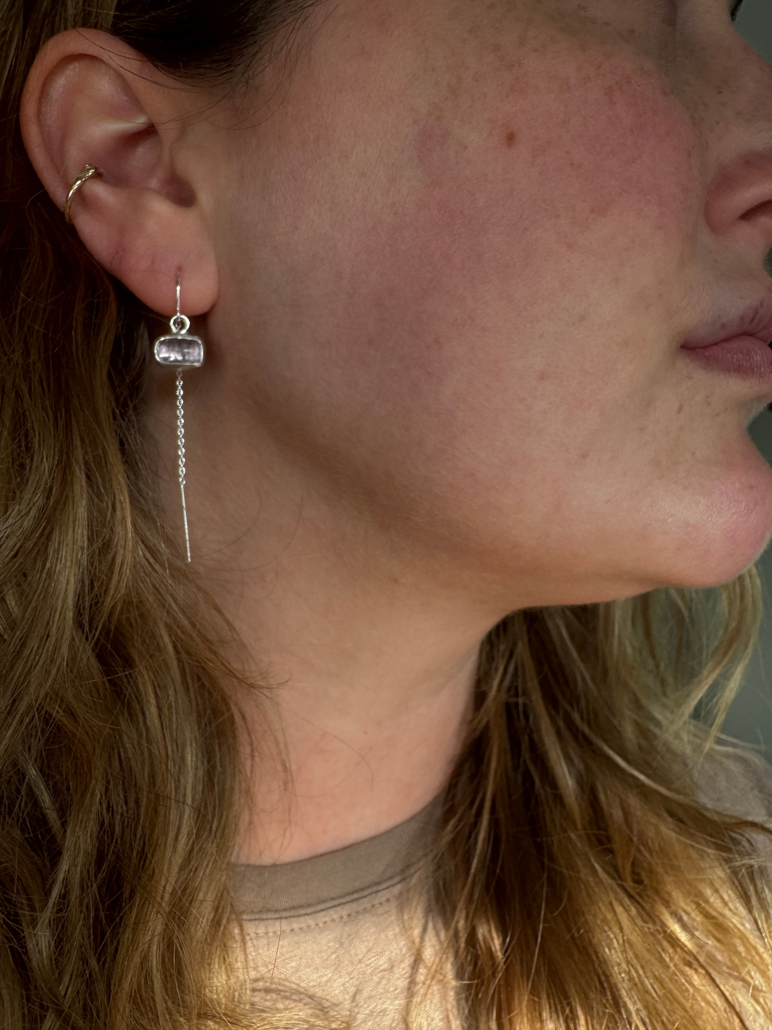 Purple tourmaline on sterling silver ear threaders