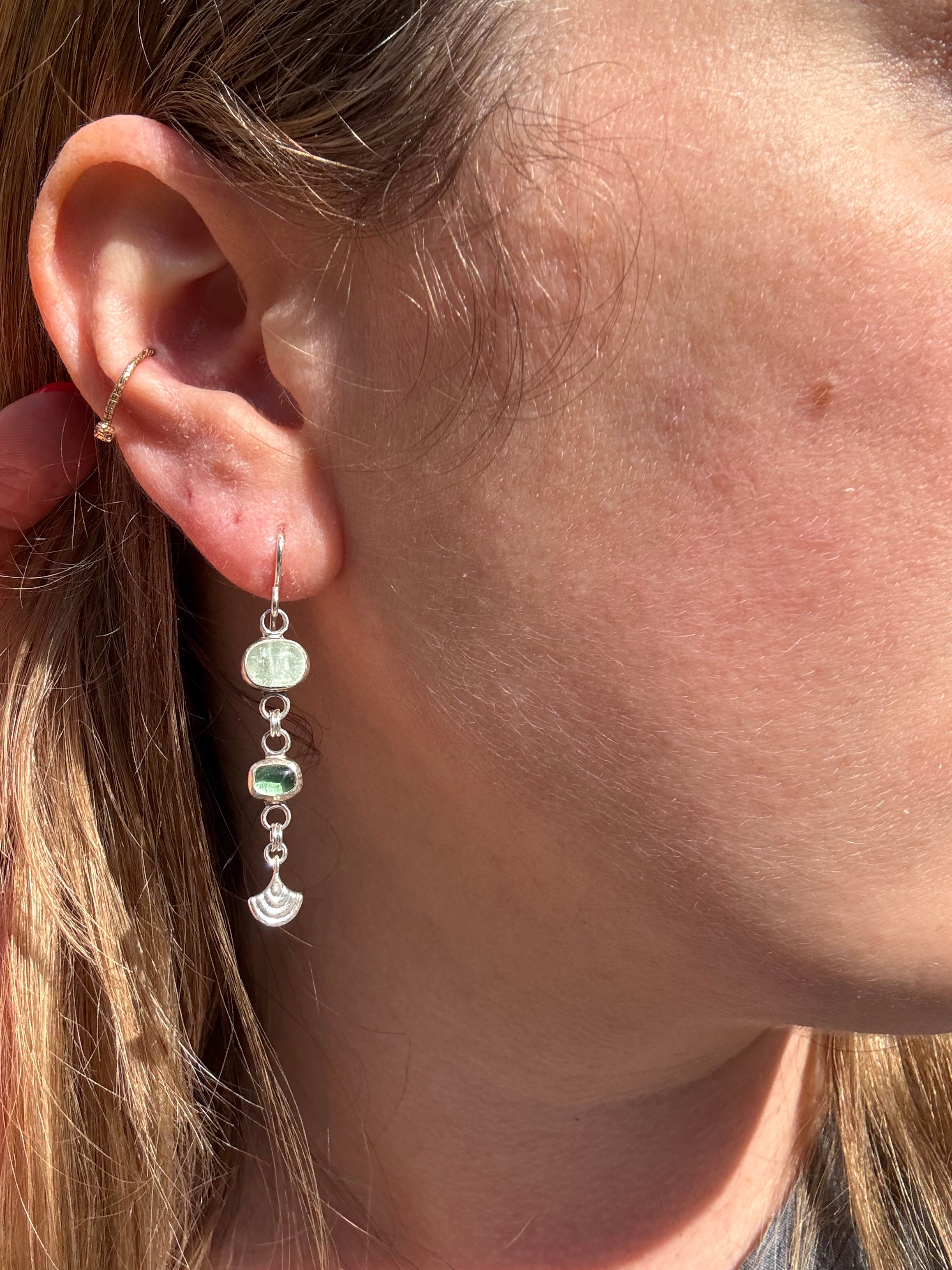 Tourmaline Earrings with Silver Fans