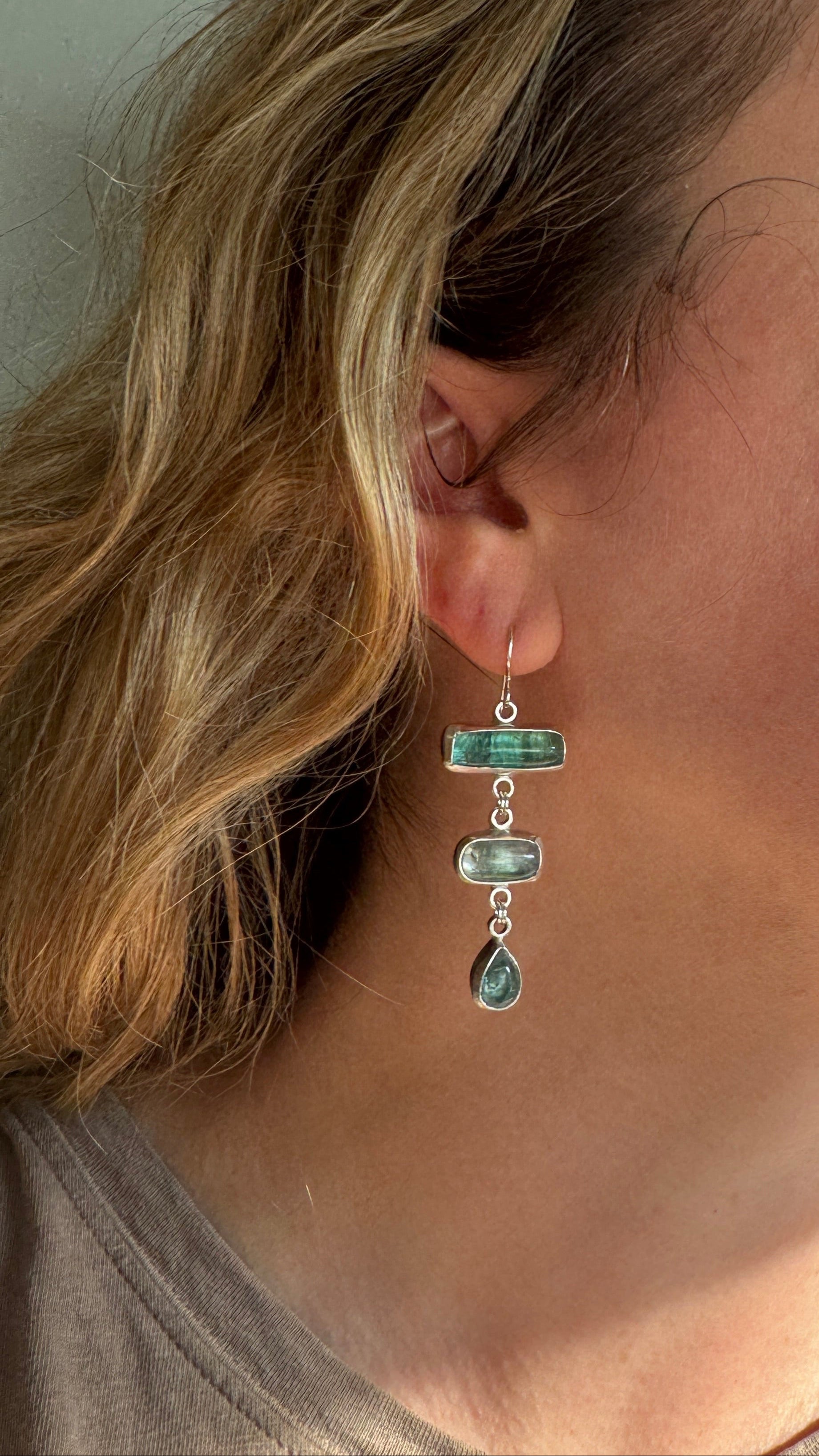 Blue, green, and purple tourmaline dangly earrings with sterling silver