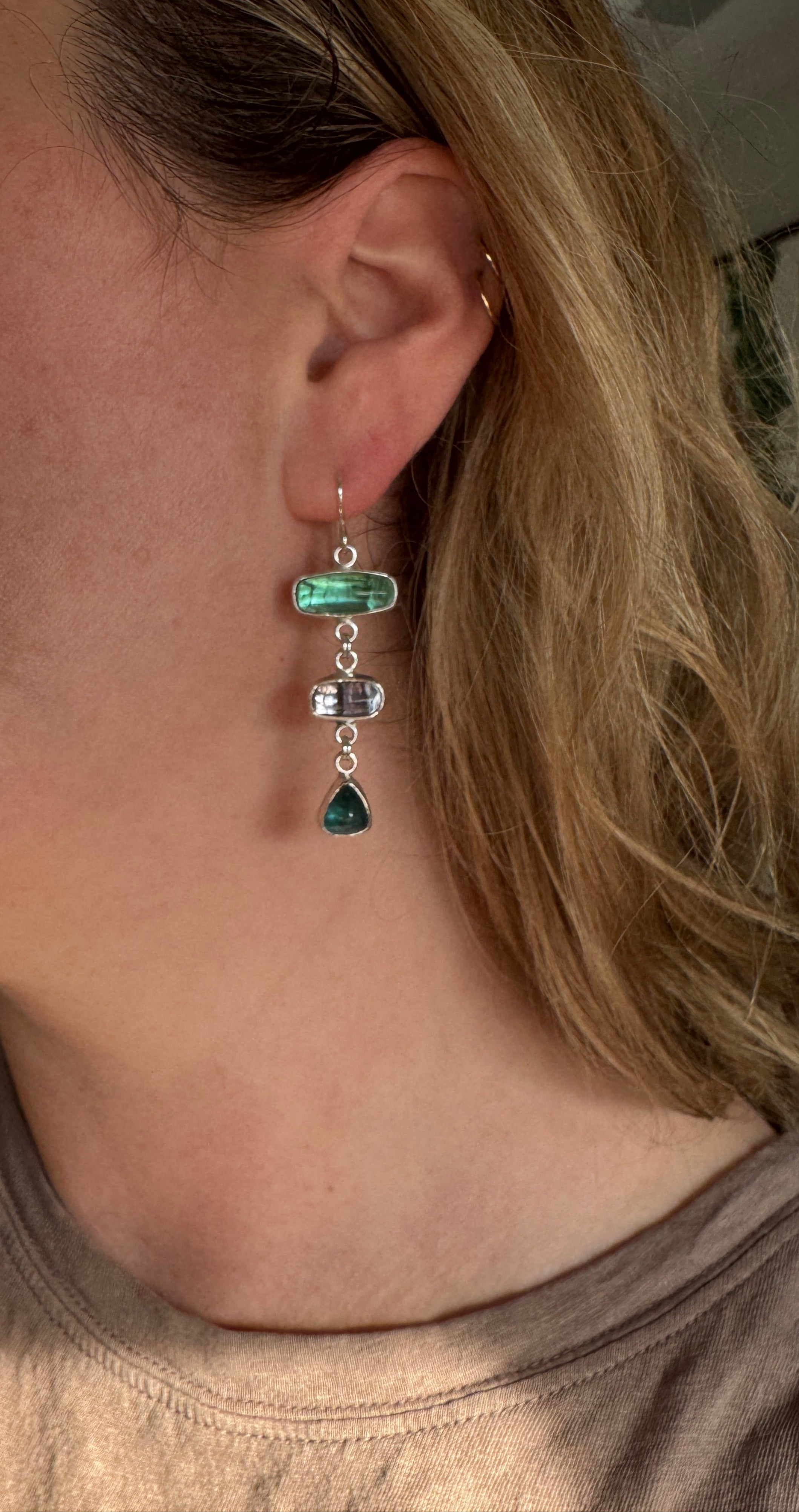 Blue, green, and purple tourmaline dangly earrings with sterling silver
