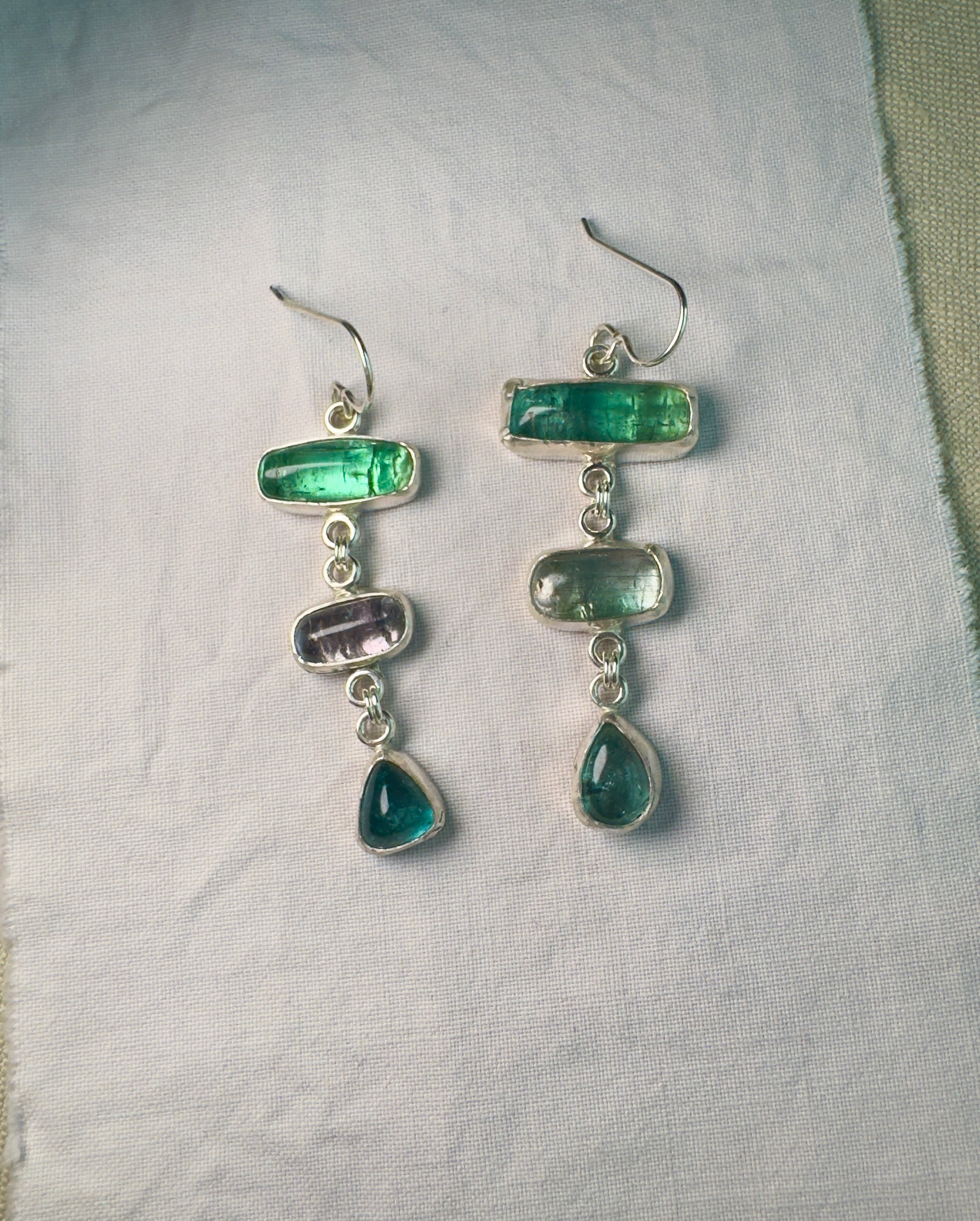 Blue, green, and purple tourmaline dangly earrings with sterling silver