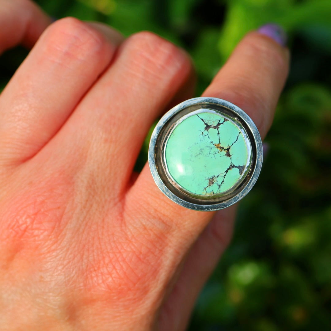 Turquoise Banded Ring | Sterling Silver Border, Size 8