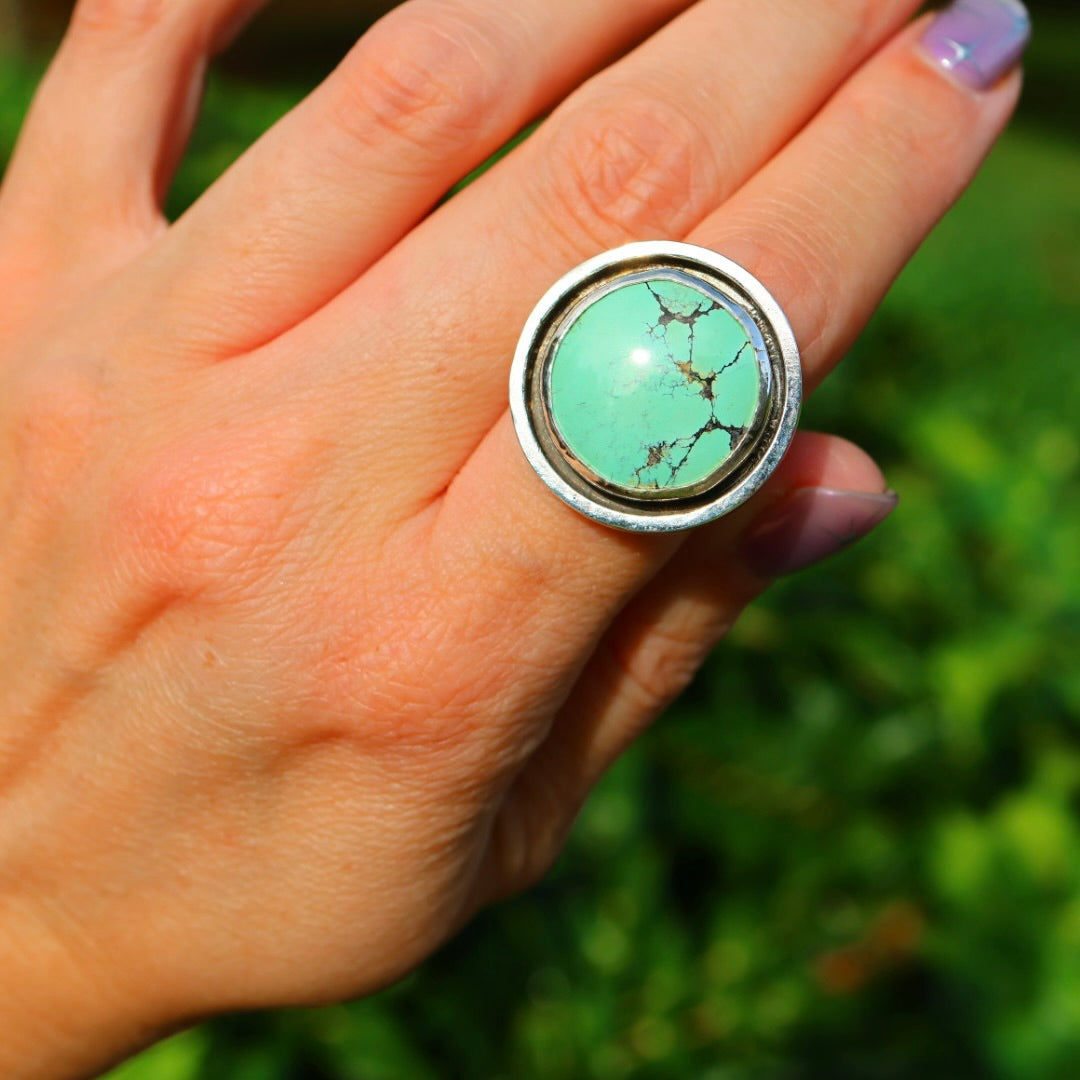 Turquoise Banded Ring | Sterling Silver Border, Size 8