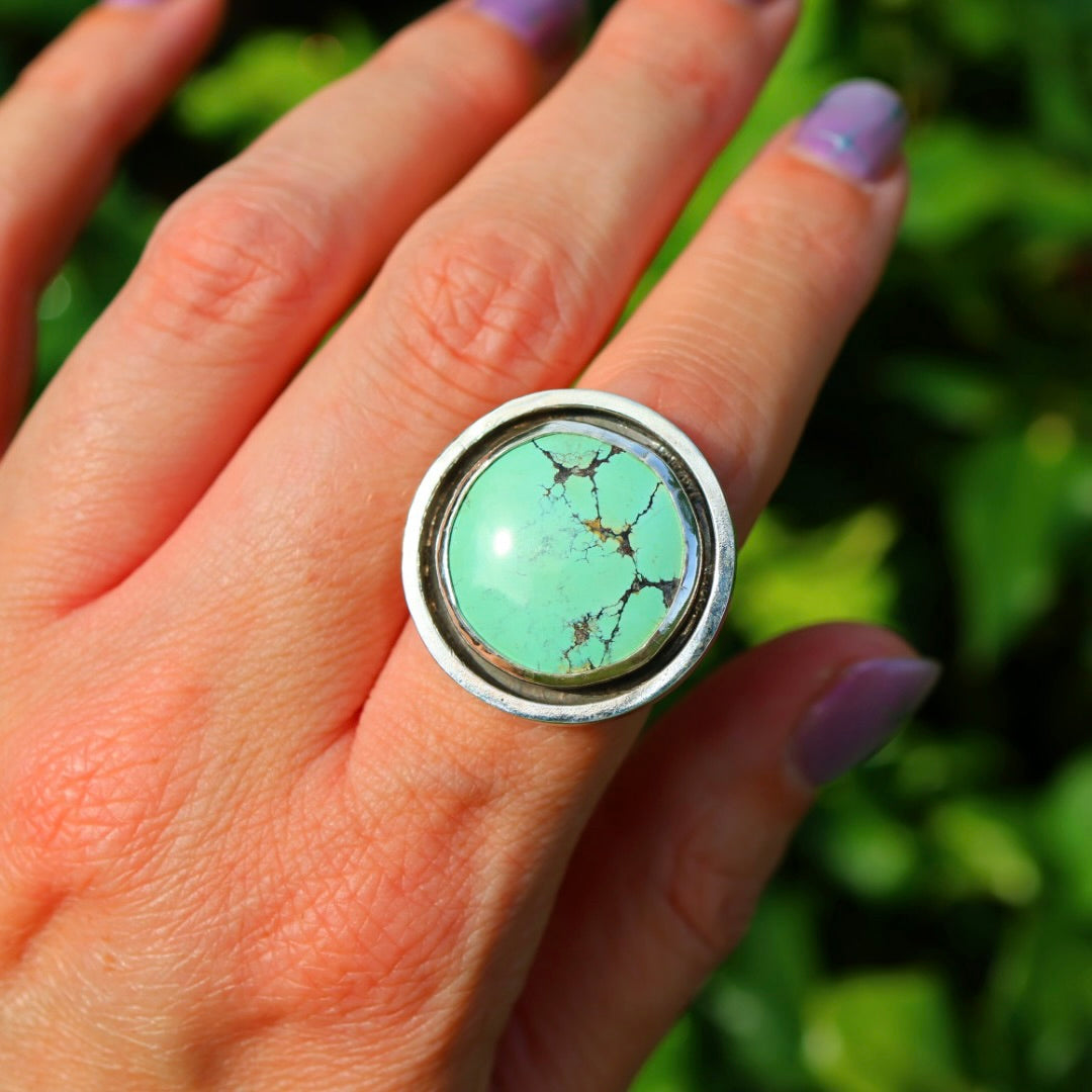 Turquoise Banded Ring | Sterling Silver Border, Size 8