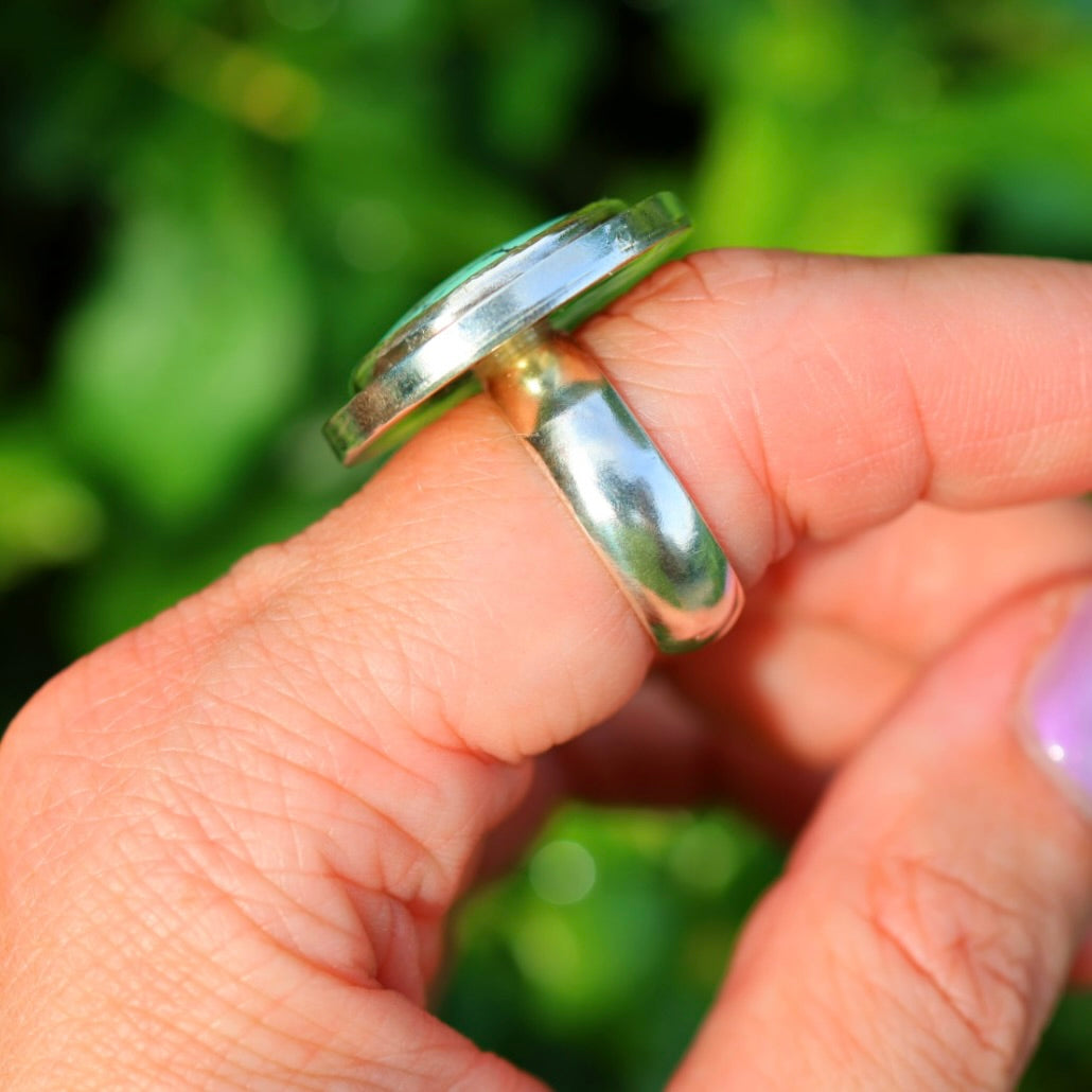 Turquoise Banded Ring | Sterling Silver Border, Size 8