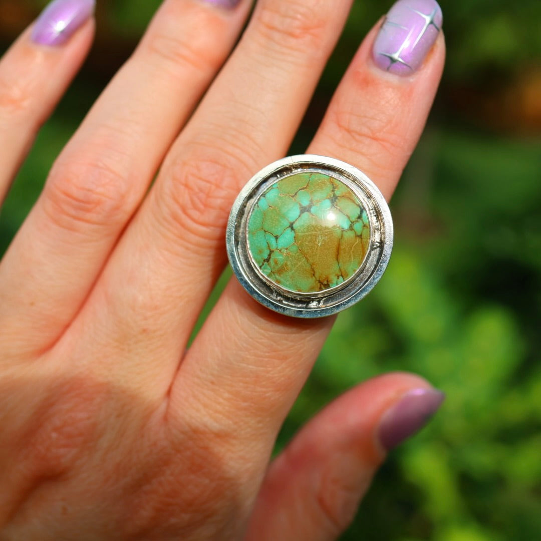 Turquoise Banded Ring | Sterling Silver Border, Size 6.5