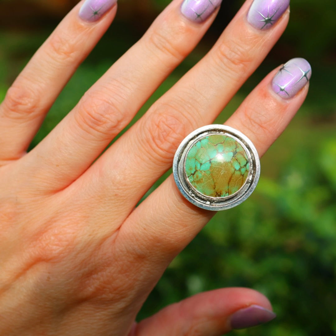 Turquoise Banded Ring | Sterling Silver Border, Size 6.5