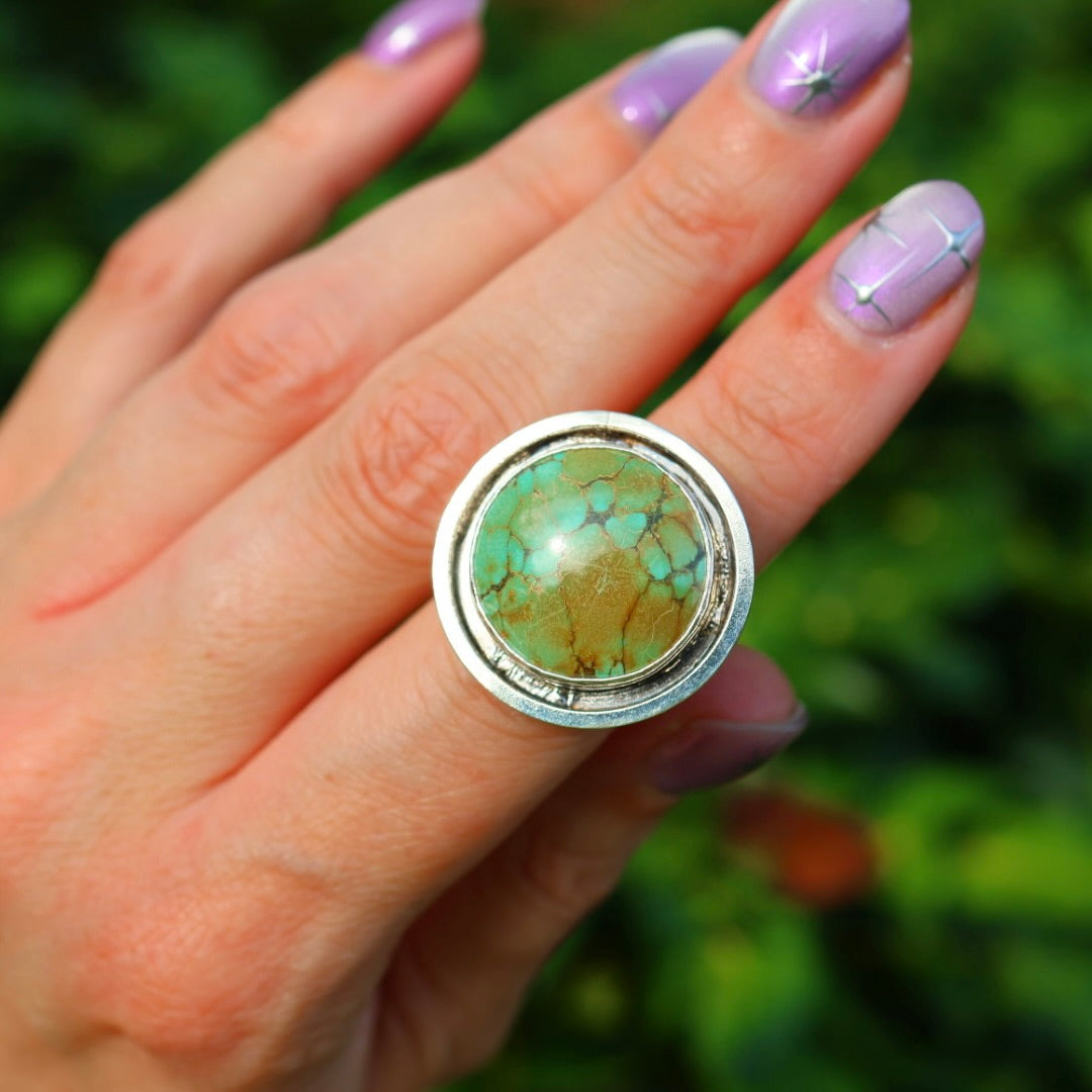 Turquoise Banded Ring | Sterling Silver Border, Size 6.5