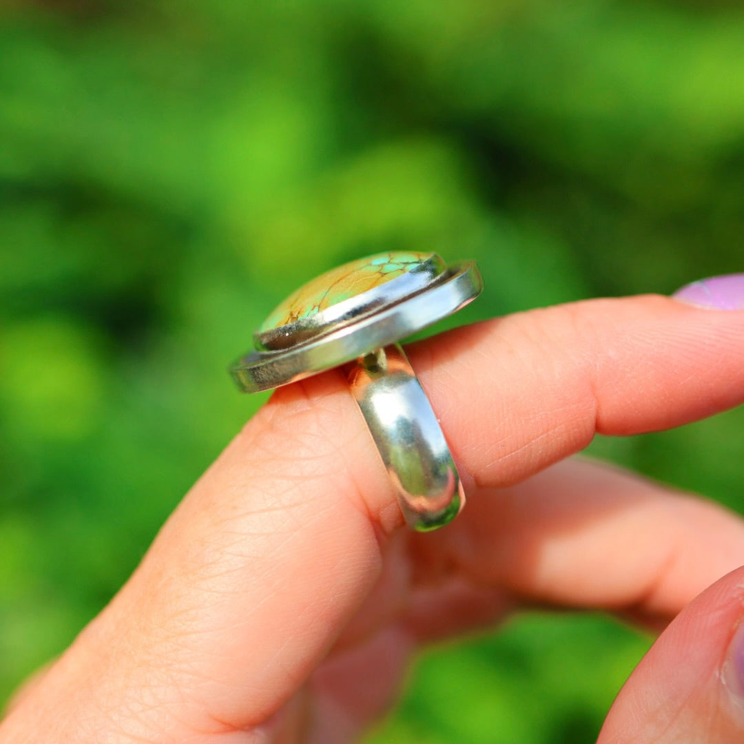 Turquoise Banded Ring | Sterling Silver Border, Size 6.5