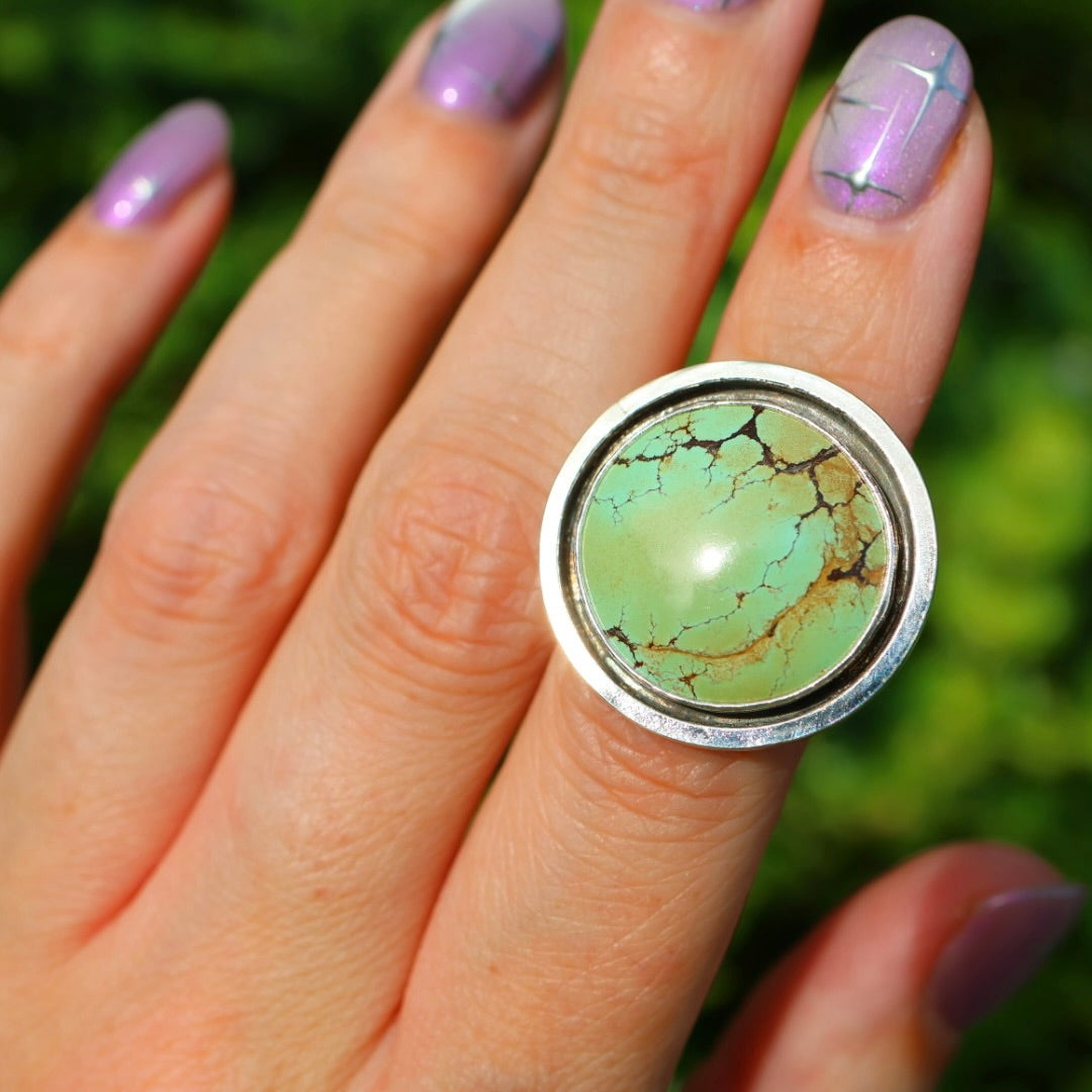 Turquoise Banded Ring | Sterling Silver Border, Size 6