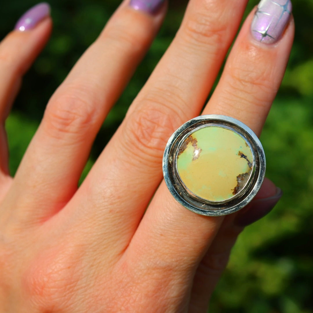 Turquoise Banded Ring | Sterling Silver Border, Size 7.5