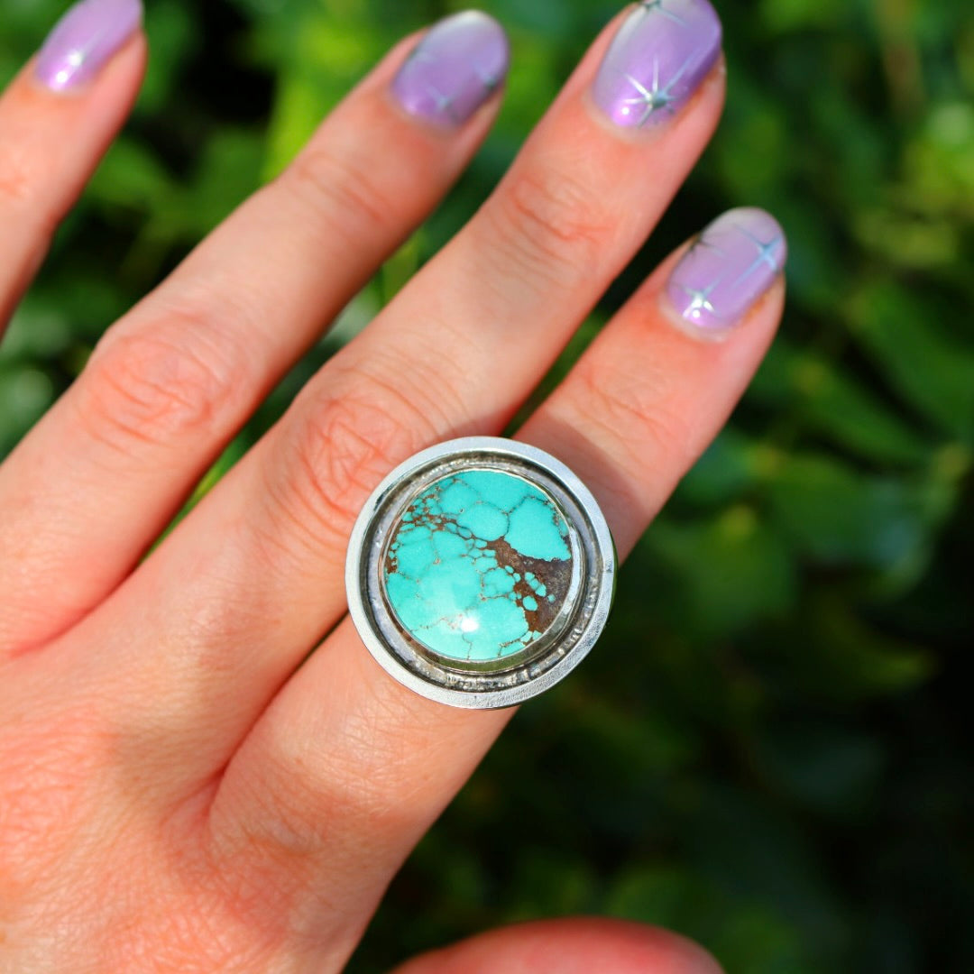 Turquoise Banded Ring | Sterling Silver Border, Size 7