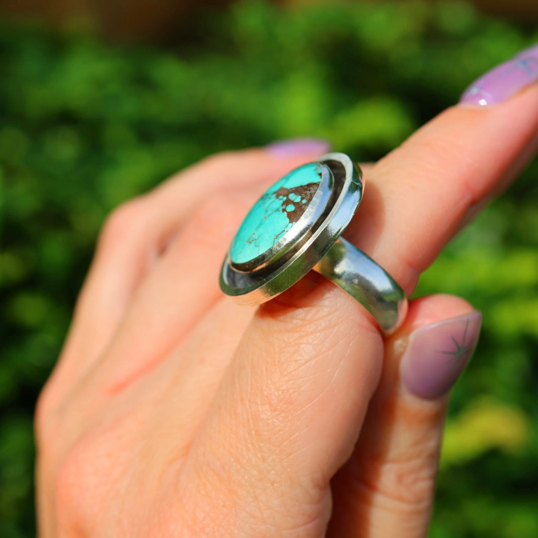 Turquoise Banded Ring | Sterling Silver Border, Size 7
