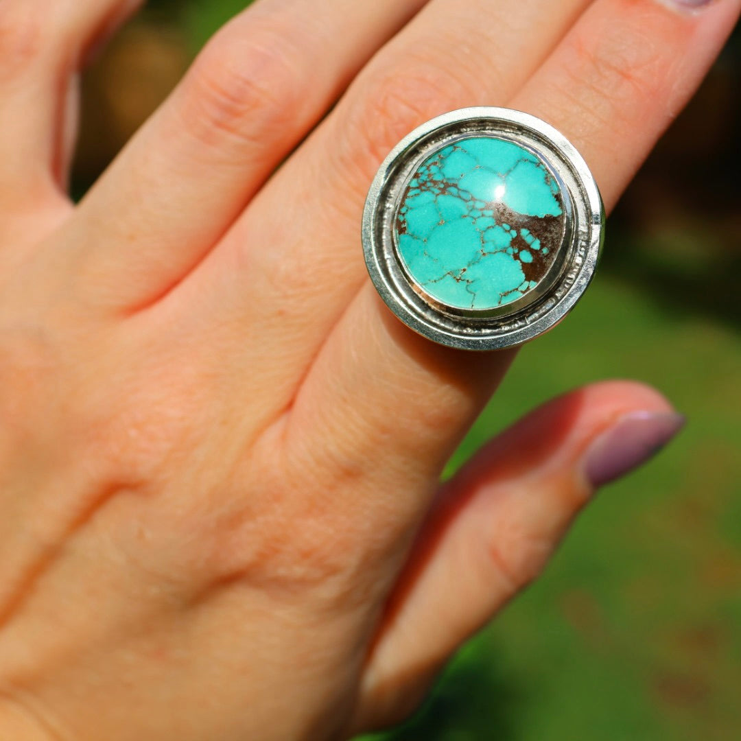 Turquoise Banded Ring | Sterling Silver Border, Size 7