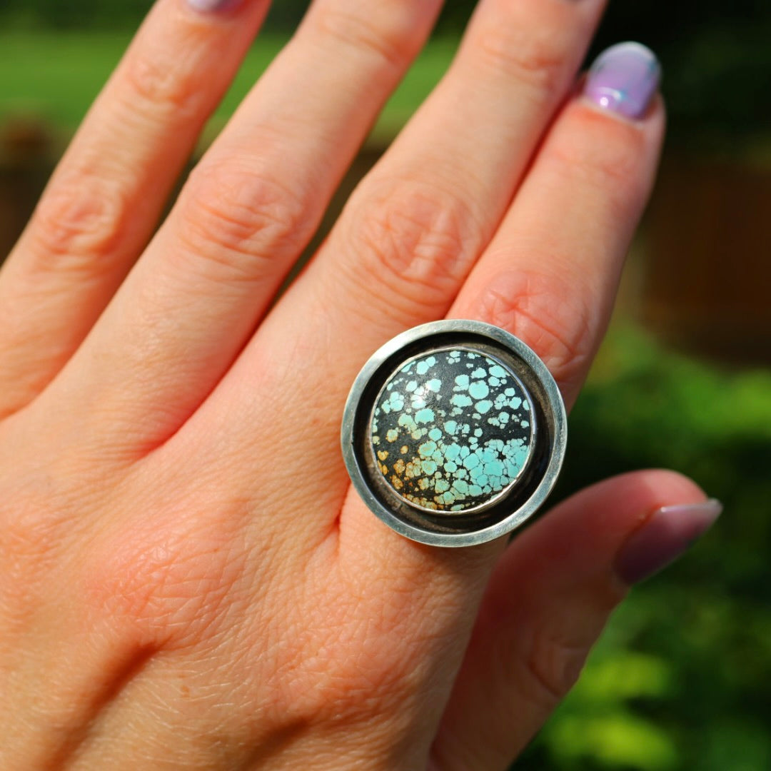 Turquoise Banded Ring | Sterling Silver Border, Size 8
