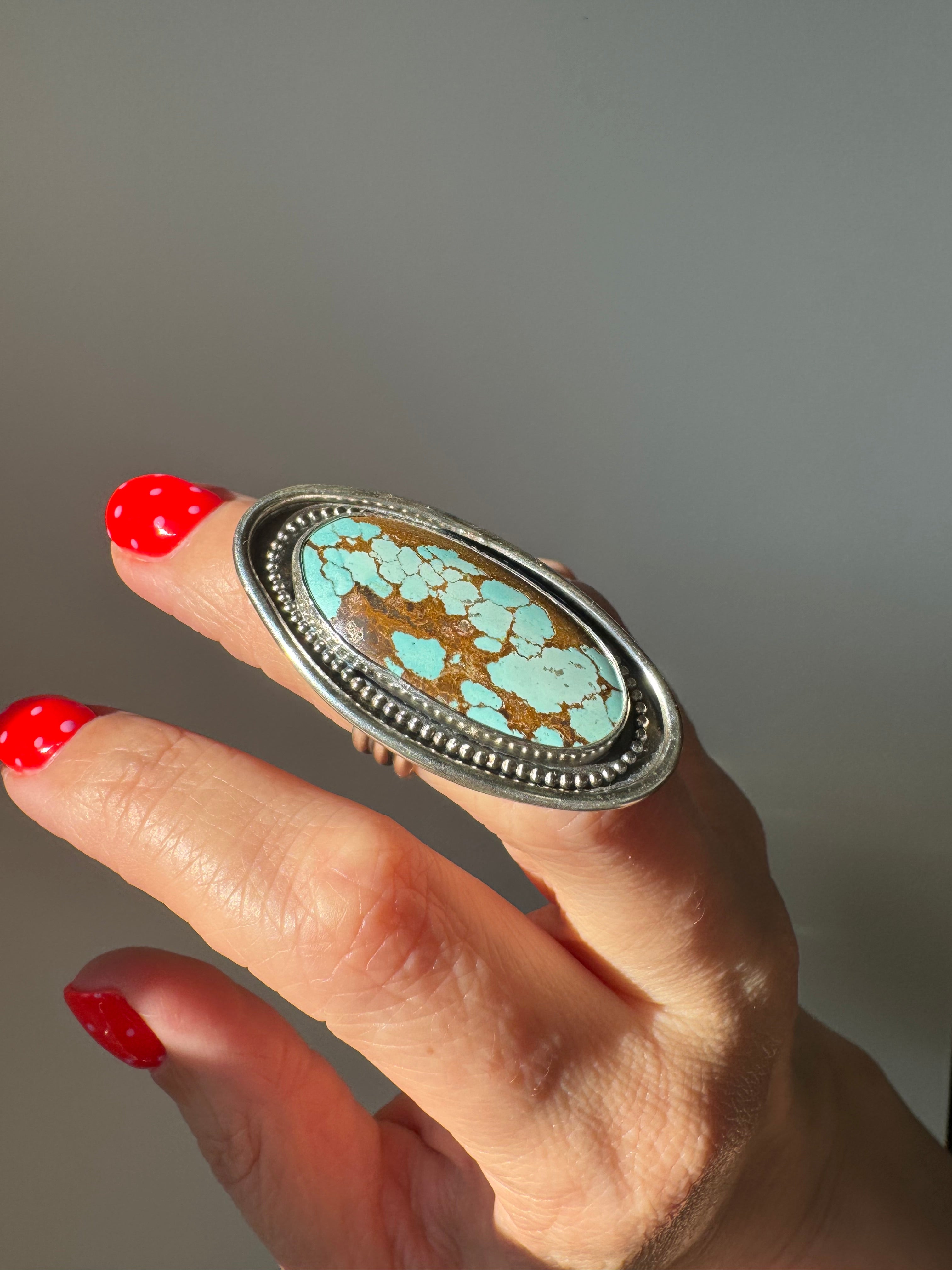 Turquoise Surfboard Ring in Sterling Silver | Decorative Sterling Border — Ready to Ship, One of a Kind