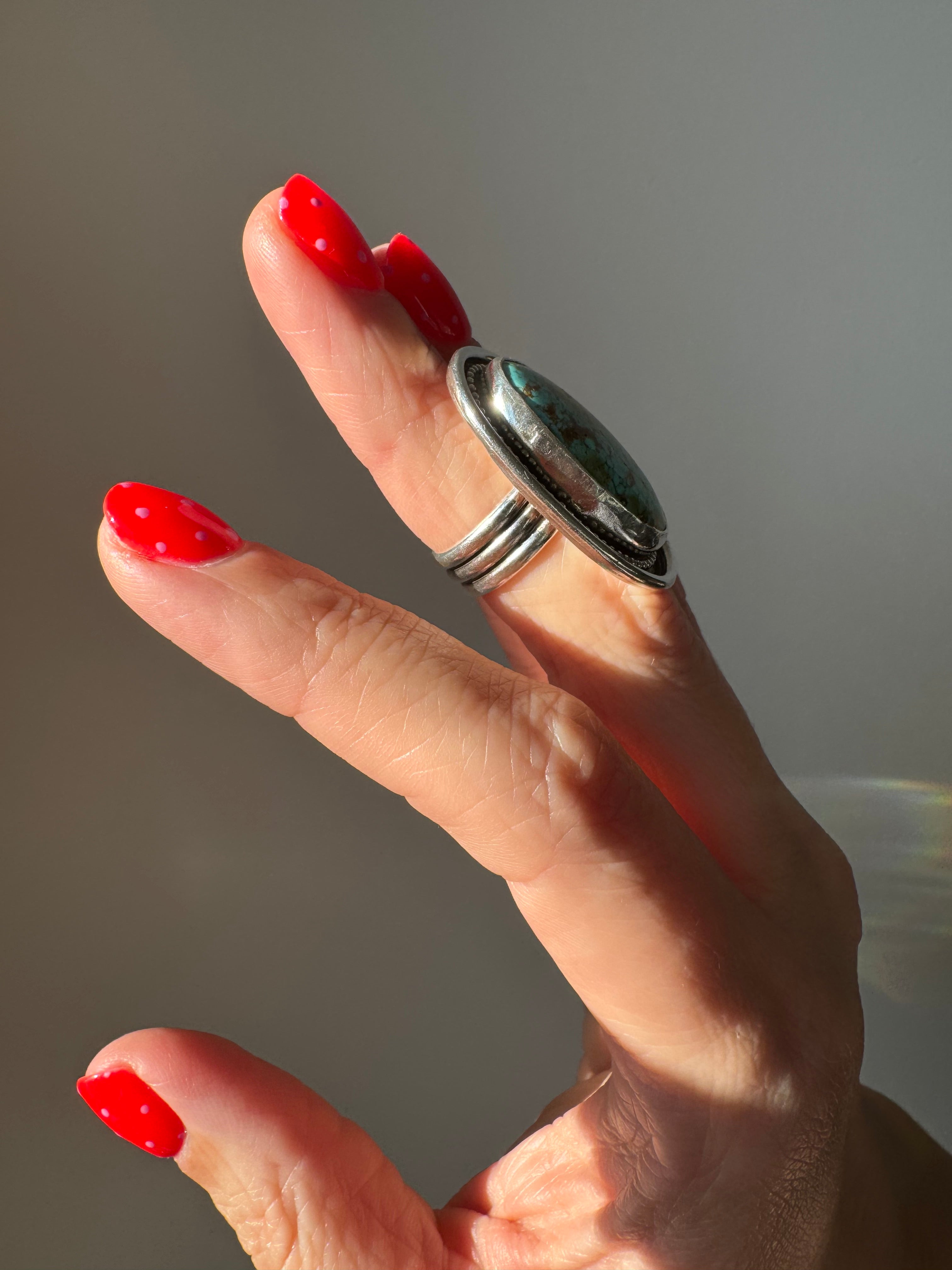 Turquoise Statement Ring in Sterling Silver | Decorative Sterling Border — Size 5, One of a Kind