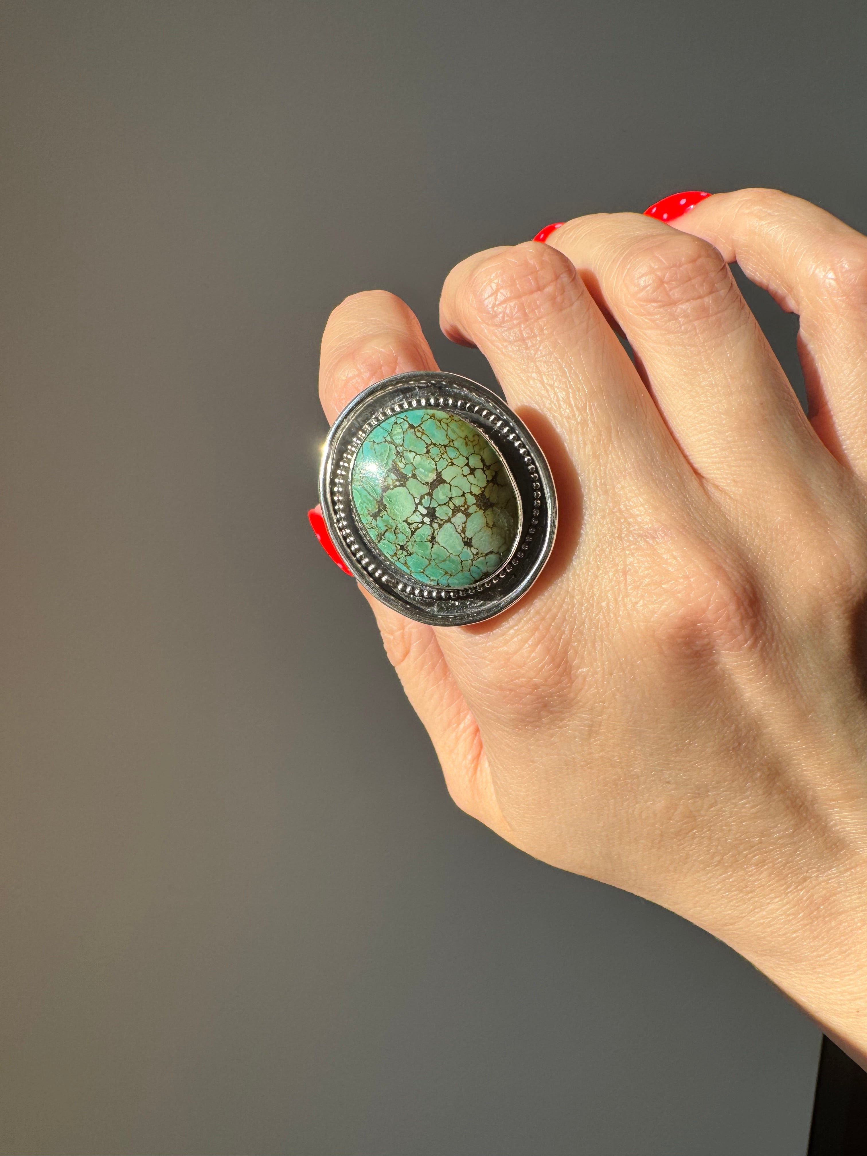 Turquoise Statement Ring in Sterling Silver | Decorative Sterling Border — Ready to Ship, One of a Kind