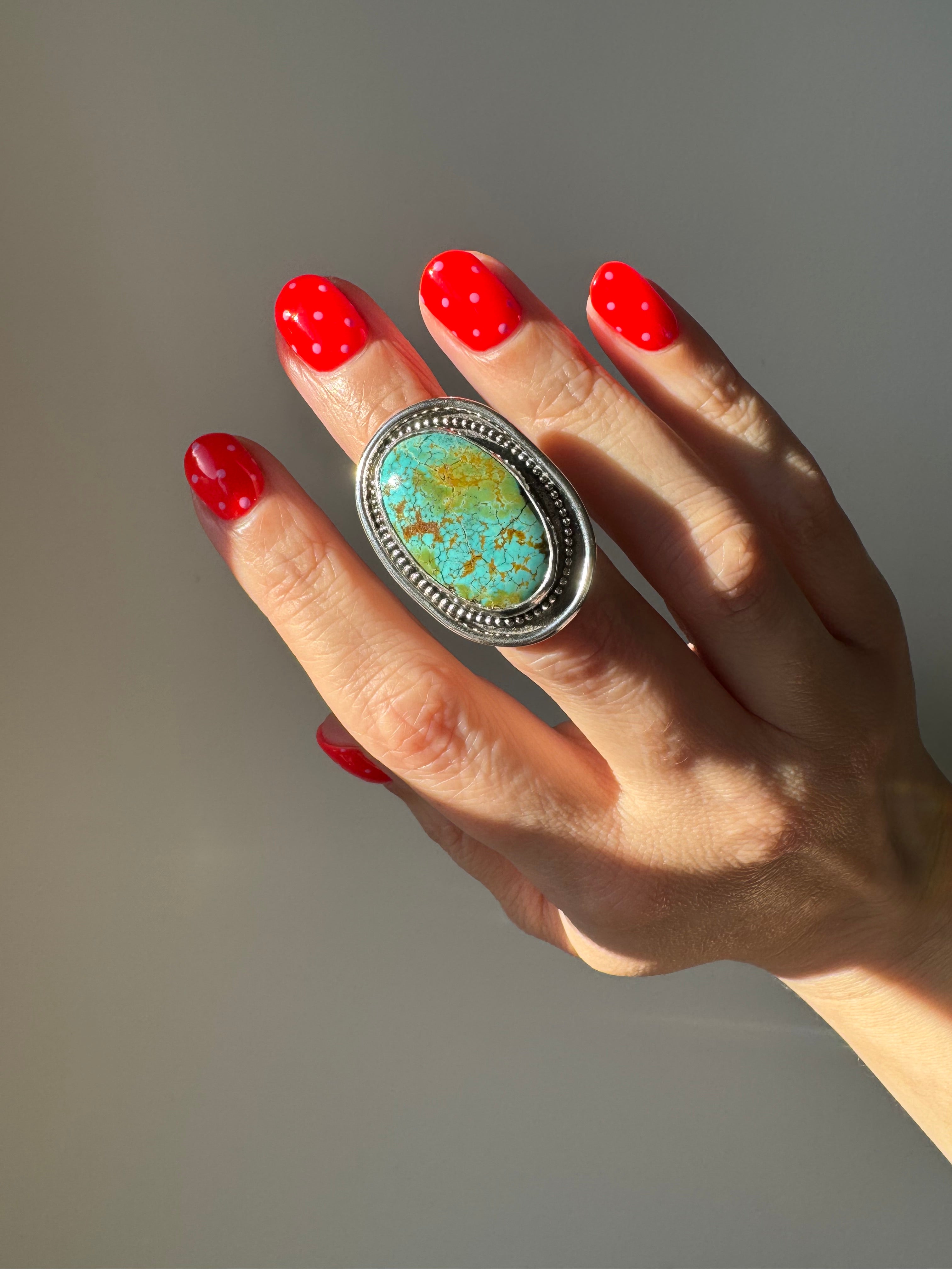 Turquoise Statement Ring in Sterling Silver | Decorative Sterling Border — Size 5, One of a Kind