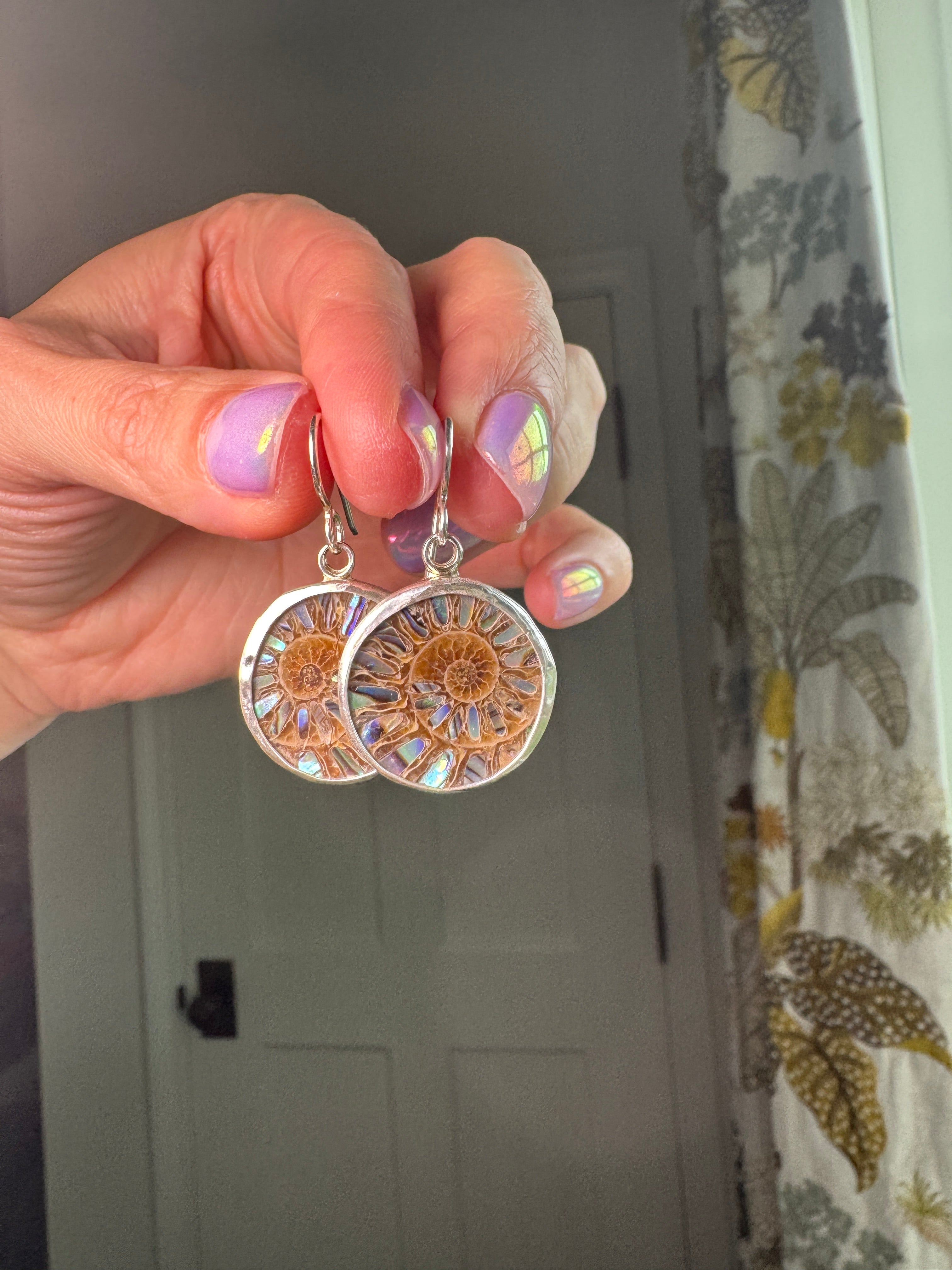 Abalone inlay on ammonite sterling silver earrings