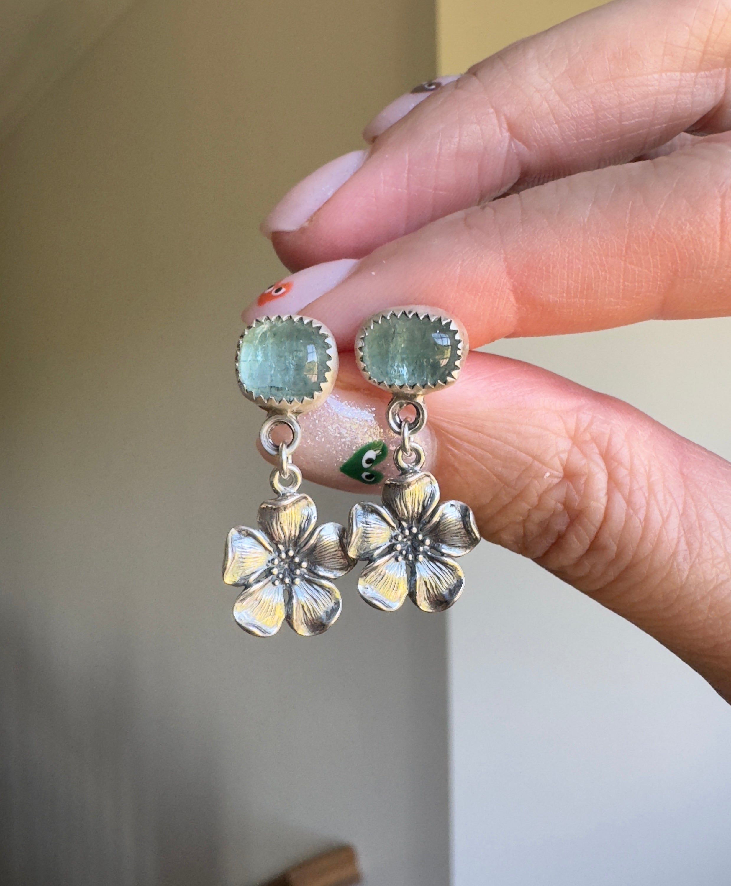 Beautiful blue toned tourmaline with sterling silver cherry blossoms post earrings