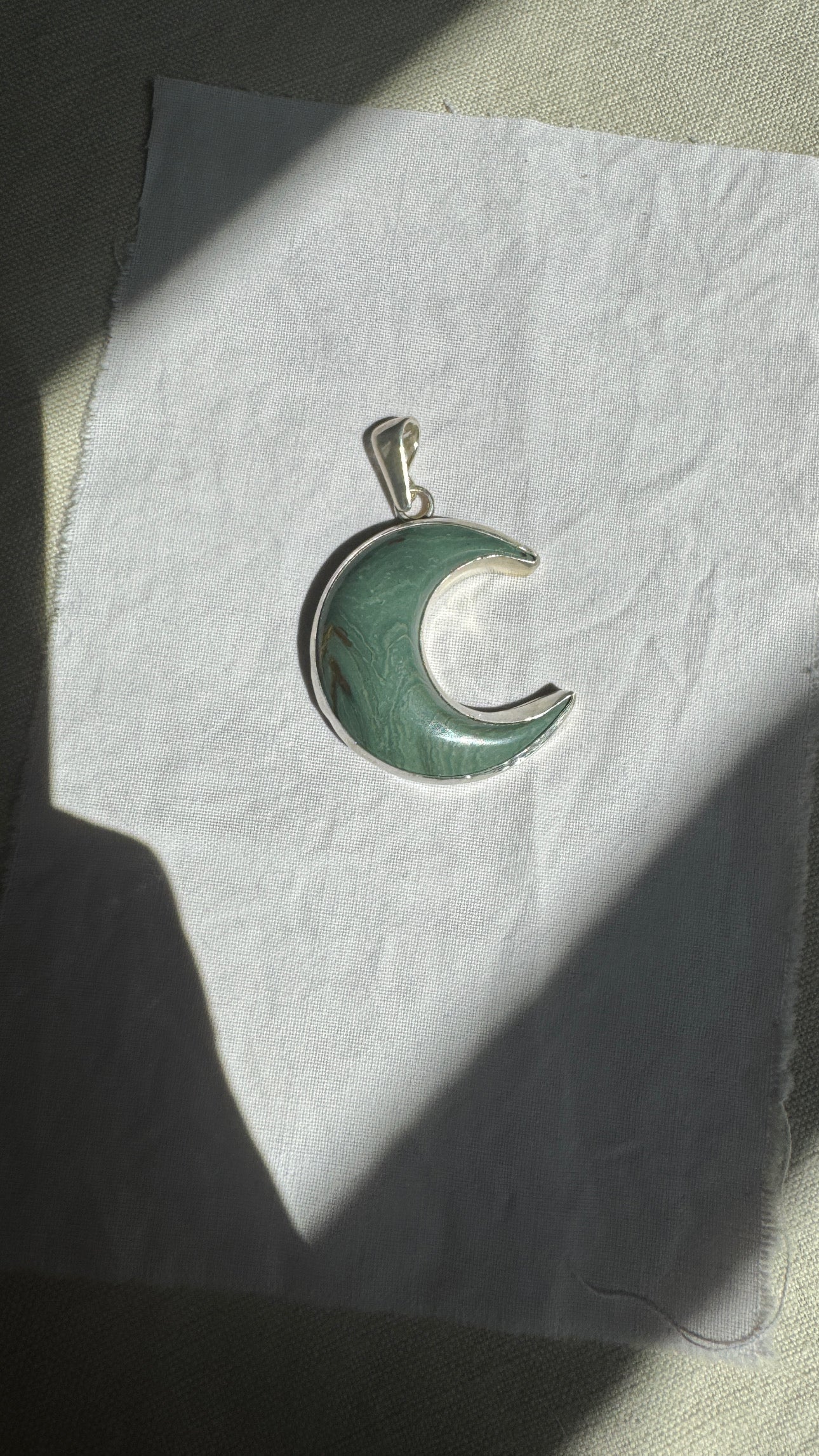 green caldera jasper crescent moon pendant