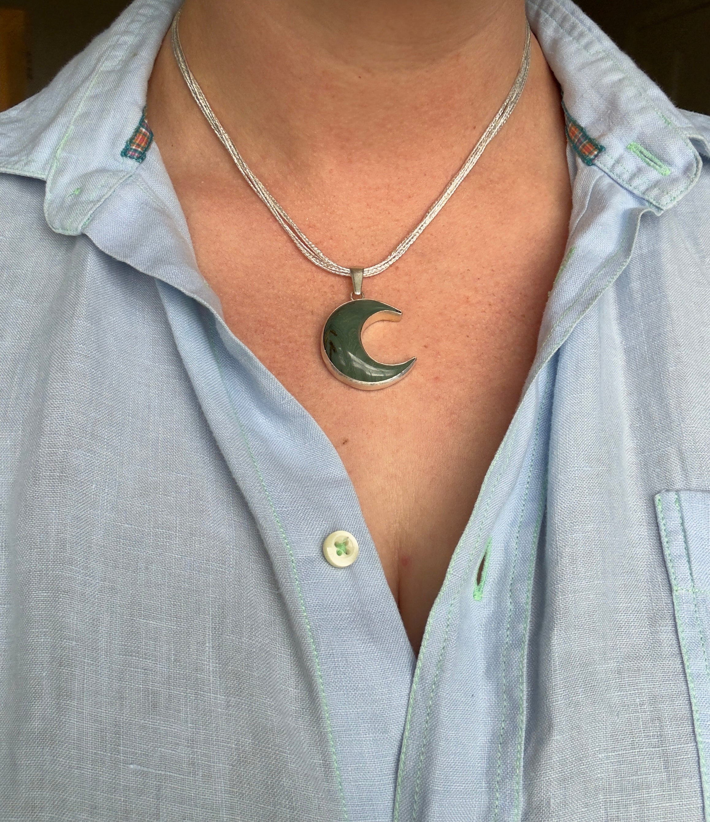 green caldera jasper crescent moon pendant