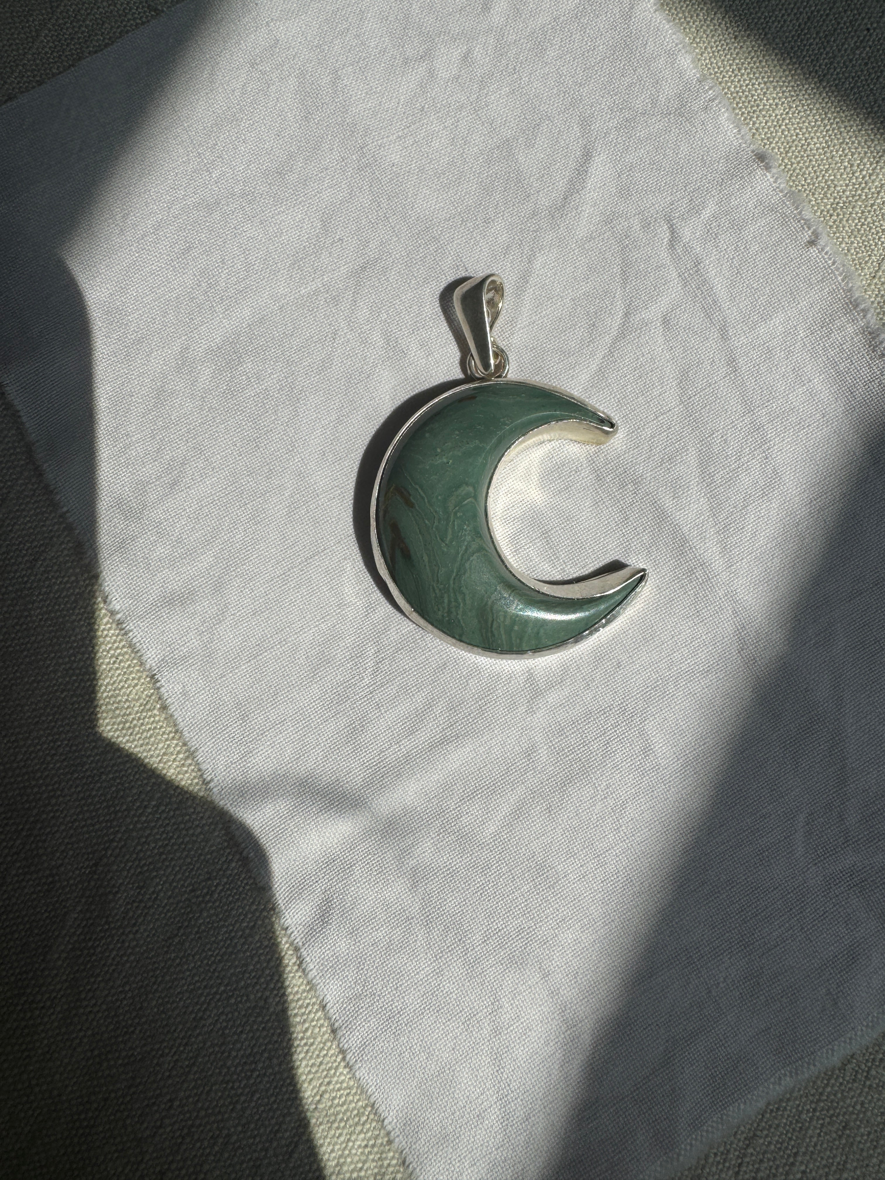 green caldera jasper crescent moon pendant