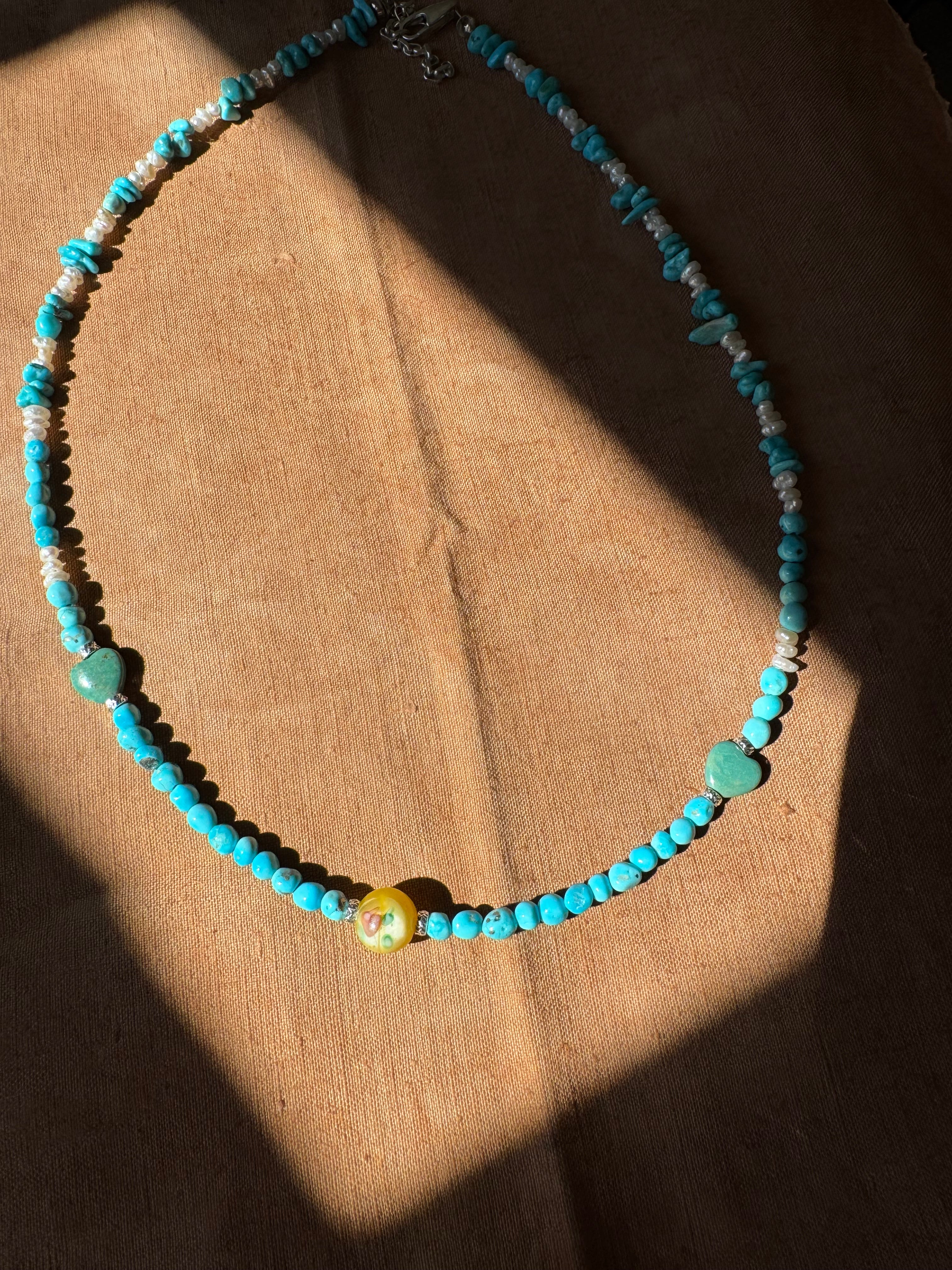 Turquoise, Pearl & Heart Bead Necklace