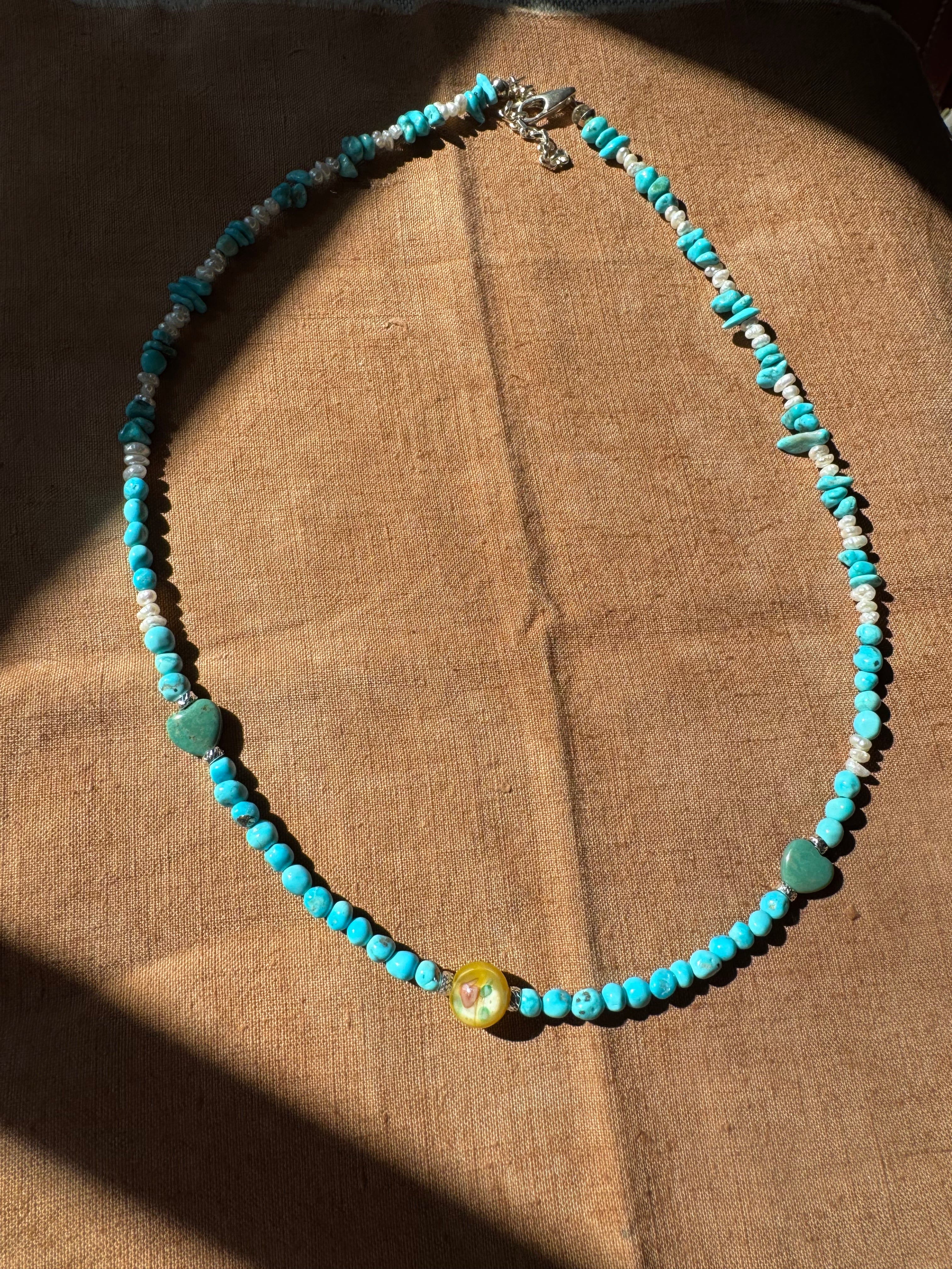 Turquoise, Pearl & Heart Bead Necklace