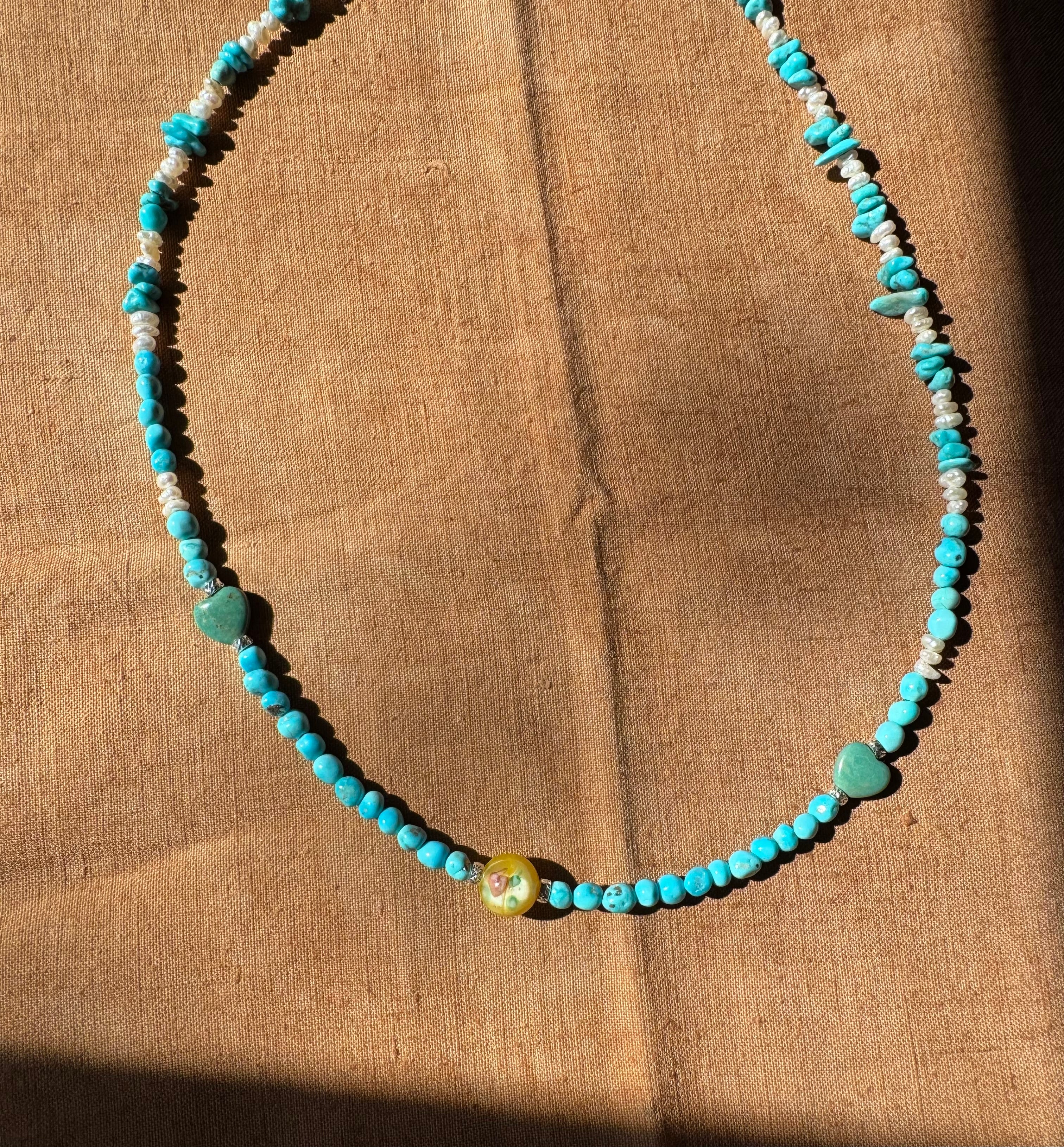 Turquoise, Pearl & Heart Bead Necklace