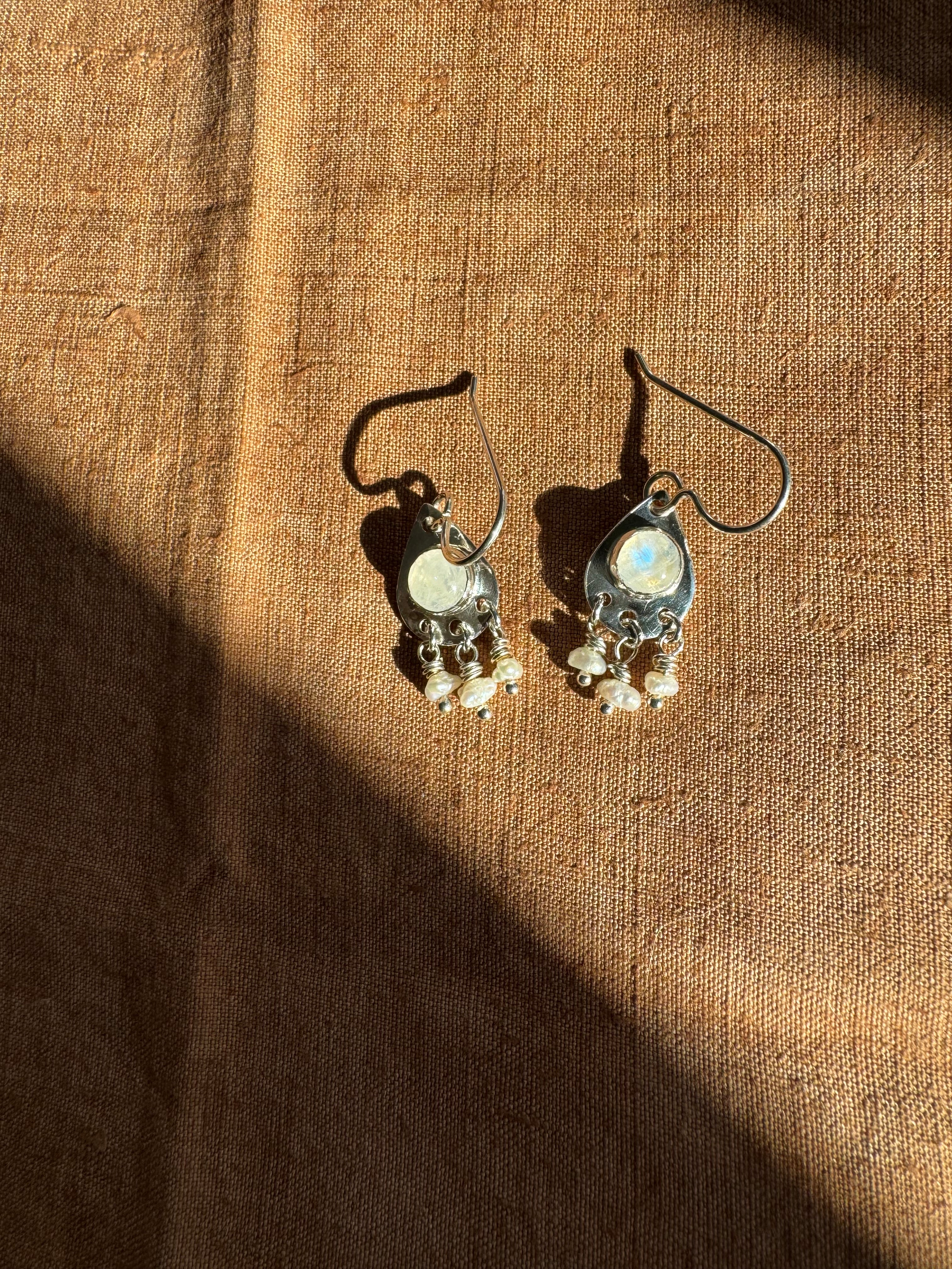 Teardrop Earrings with Rainbow Moonstone and Pearls