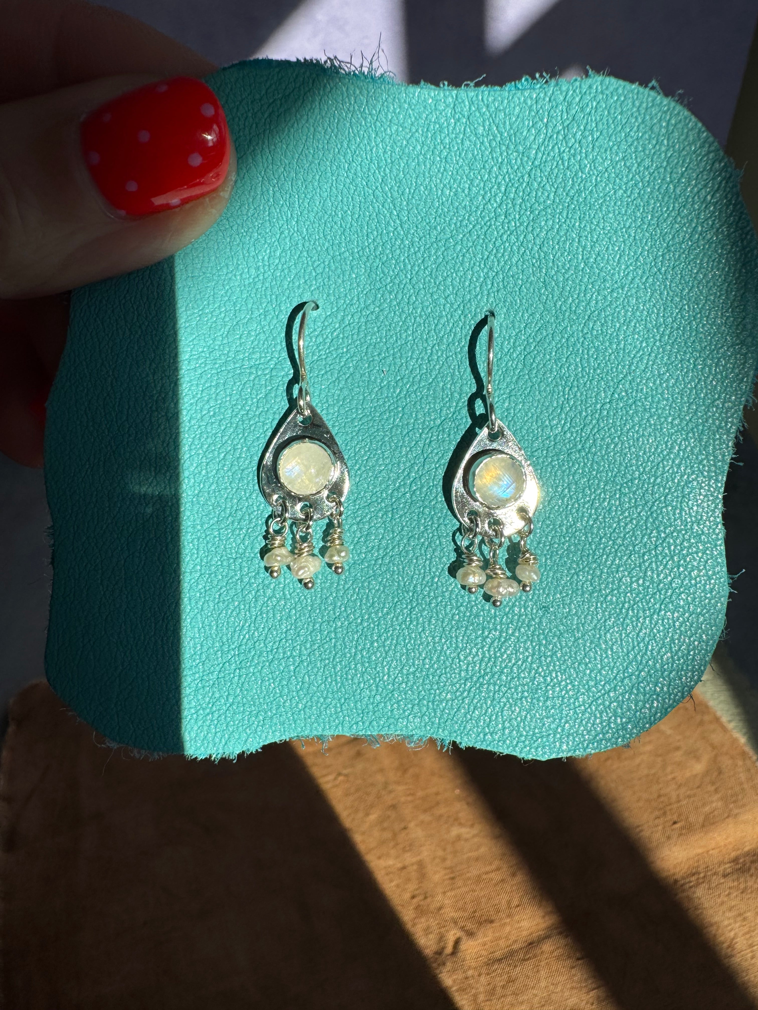 Teardrop Earrings with Rainbow Moonstone and Pearls