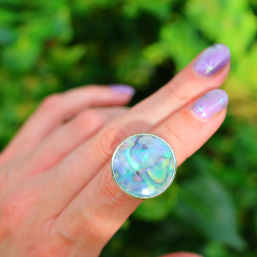 Ochoco Tube & New Zealand Abalone Ring | Iridescent Rainbow Ring | Size 6-6.25