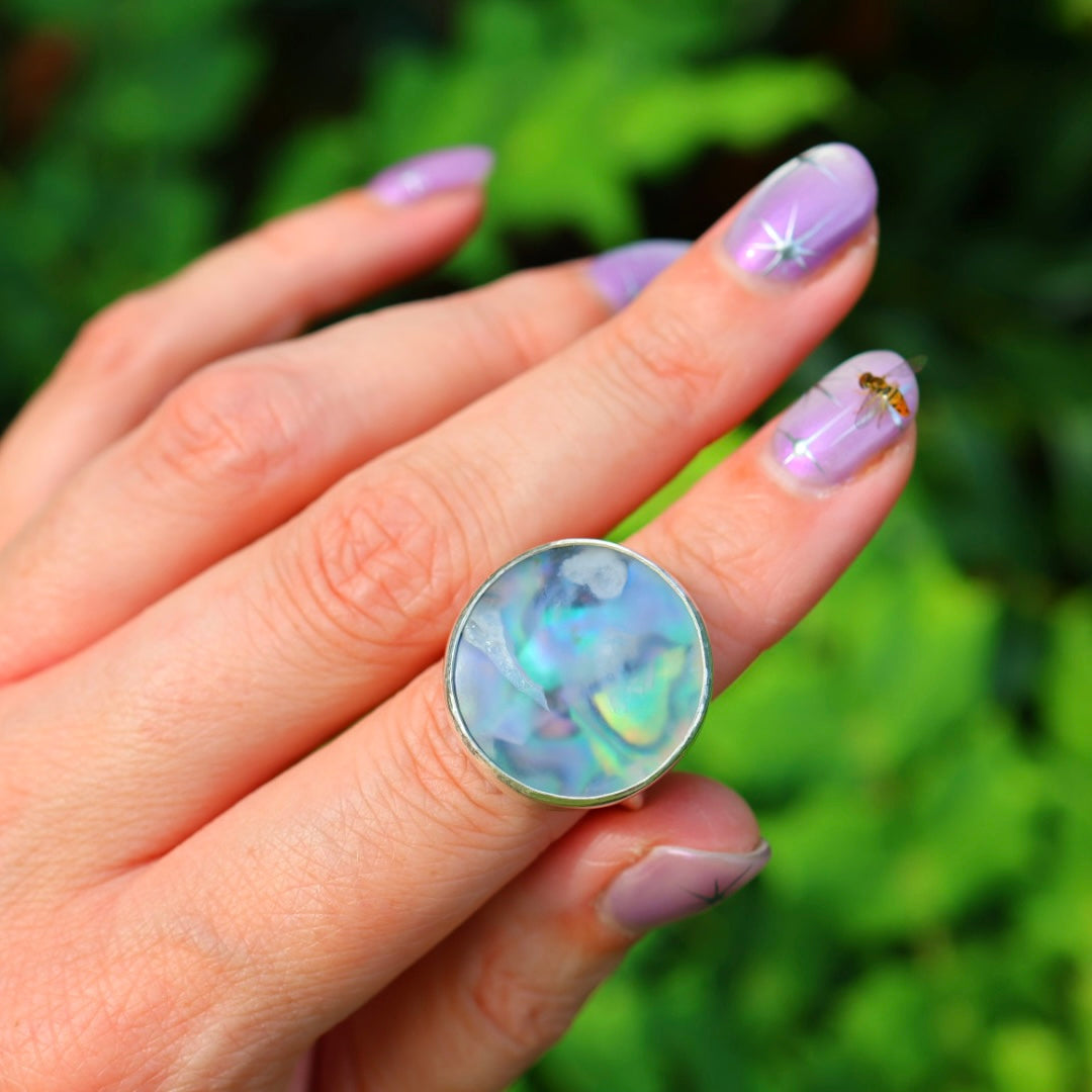 Ochoco Tube & New Zealand Abalone Ring | Iridescent Rainbow Ring | Size 6-6.25