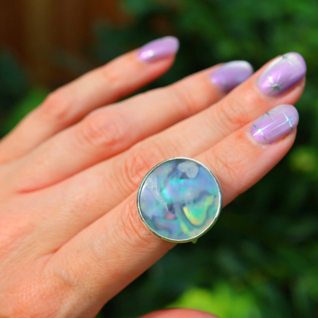Ochoco Tube & New Zealand Abalone Ring | Iridescent Rainbow Ring | Size 6-6.25