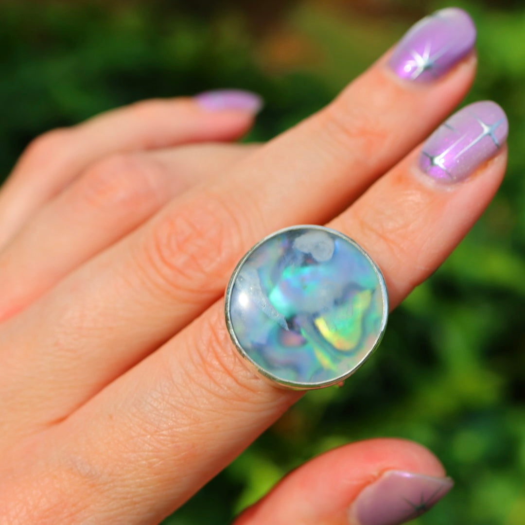 Ochoco Tube & New Zealand Abalone Ring | Iridescent Rainbow Ring | Size 6-6.25