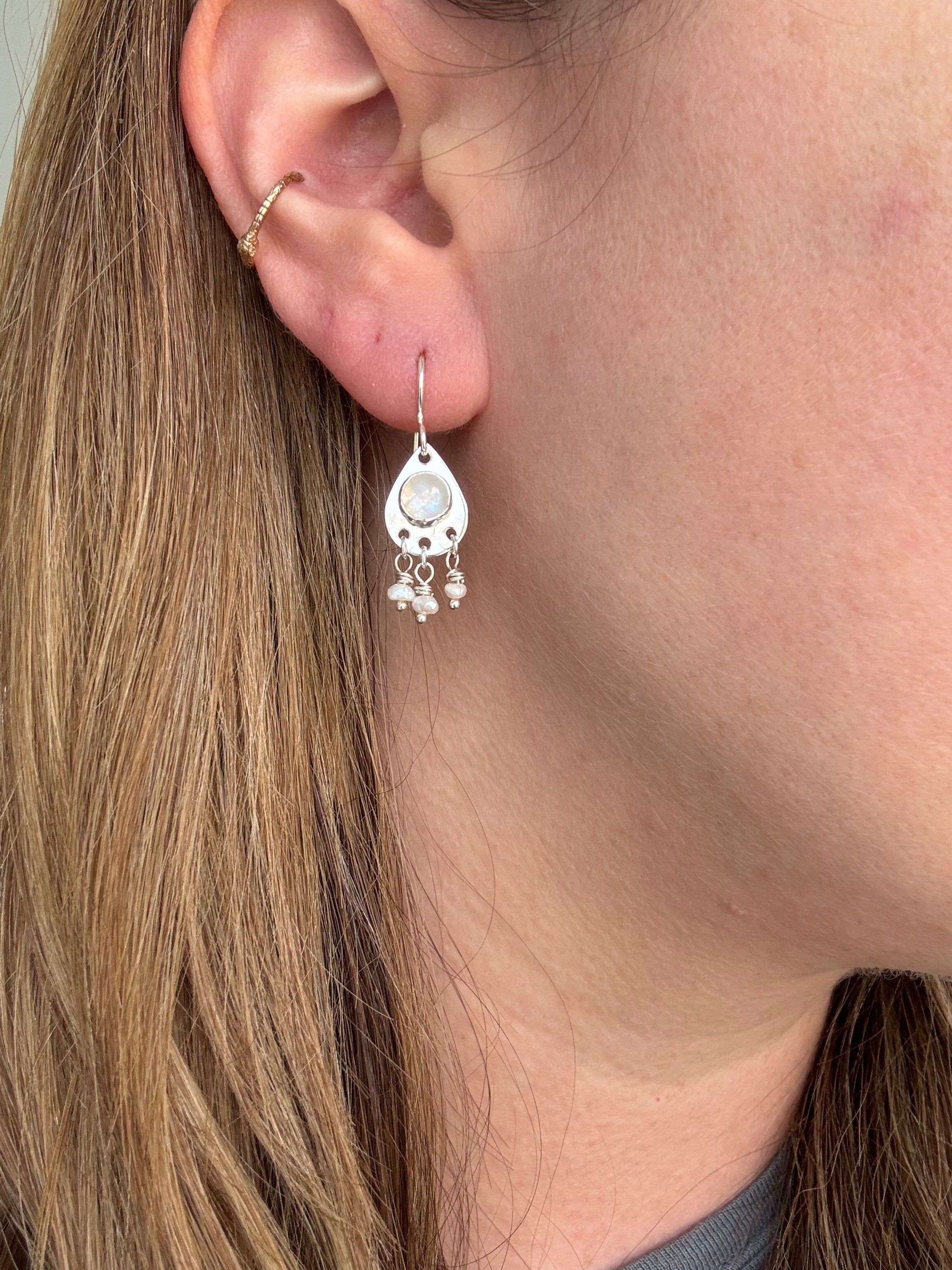Teardrop Earrings with Rainbow Moonstone and Pearls