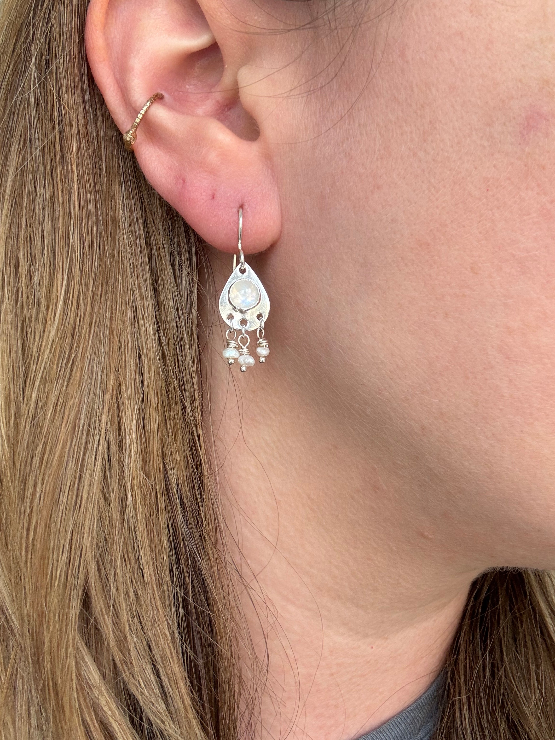 Teardrop Earrings with Rainbow Moonstone and Pearls