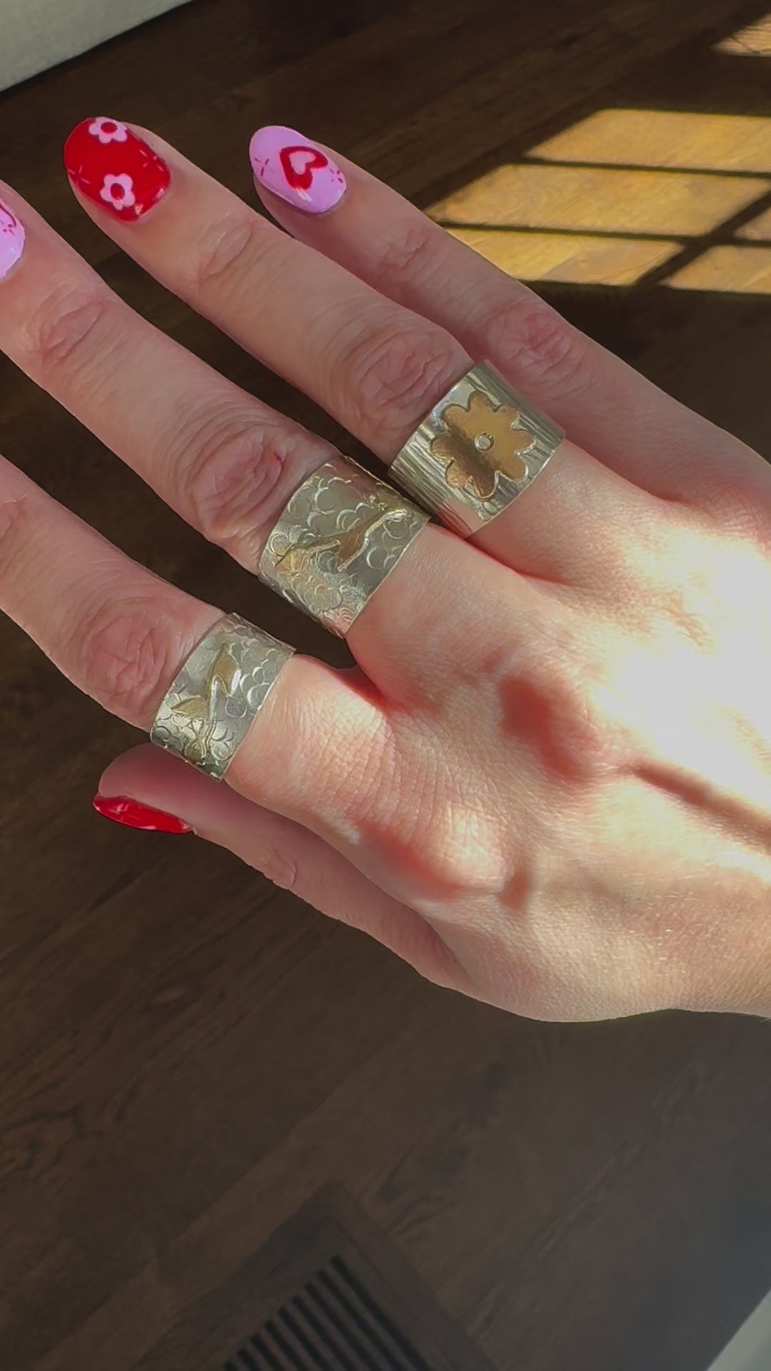 Carriage House Jewelry | Hammered Silver Band with Brass Flower (Size 5.75)