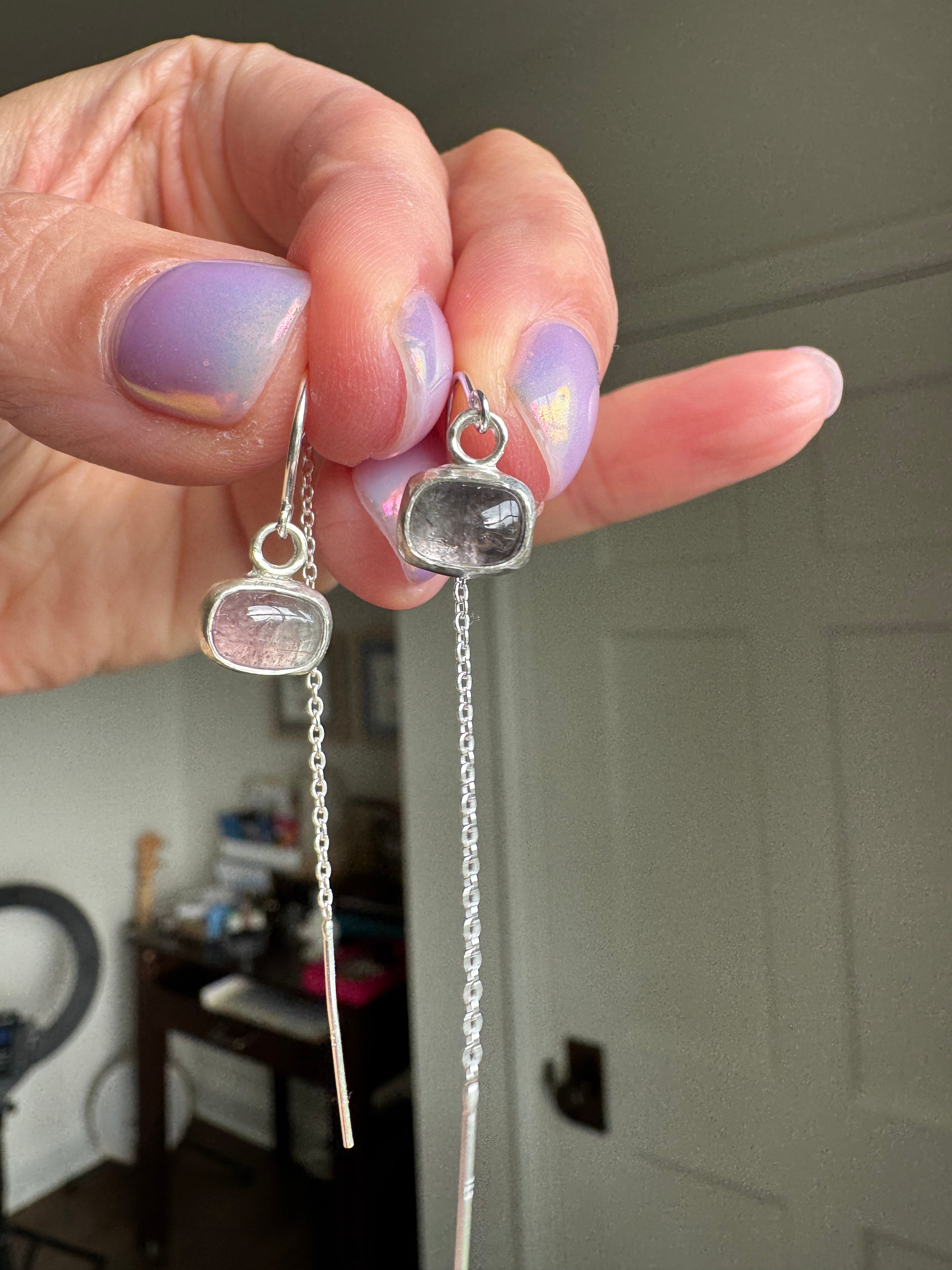 Sterling silver ear threaders with beautiful purple pink tourmaline.