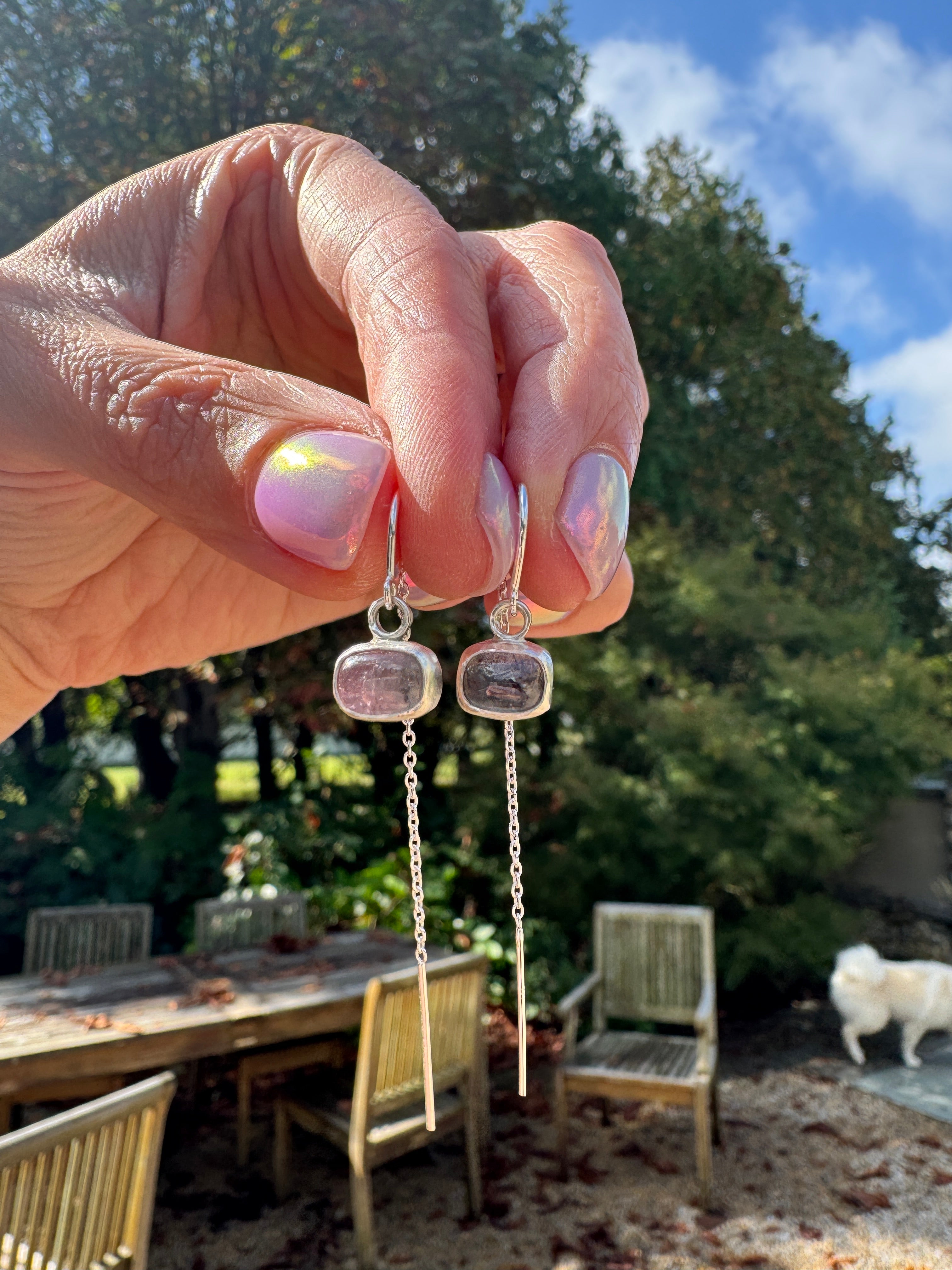 Sterling silver ear threaders with beautiful purple pink tourmaline.