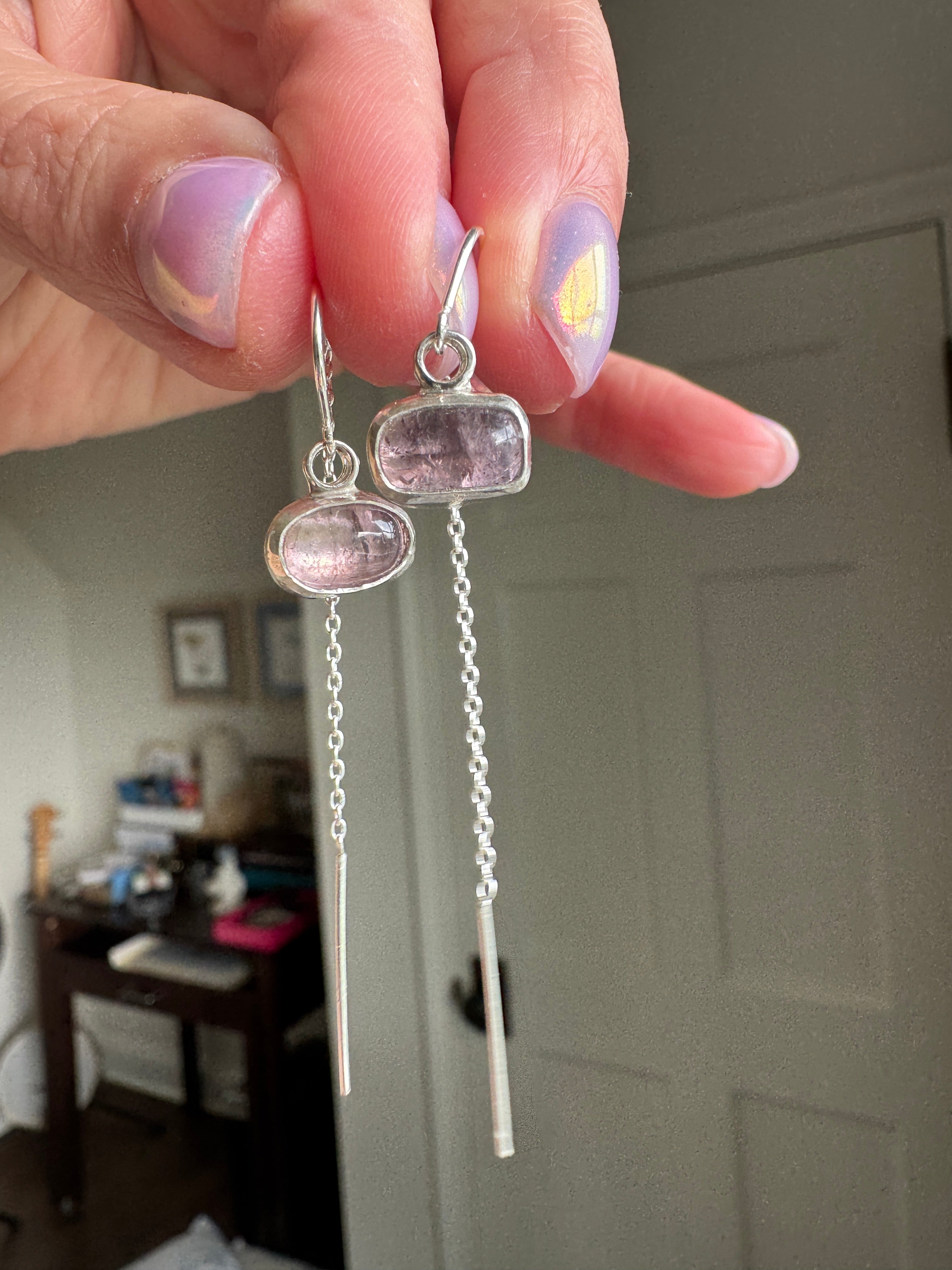 Purple tourmaline on sterling silver ear threaders