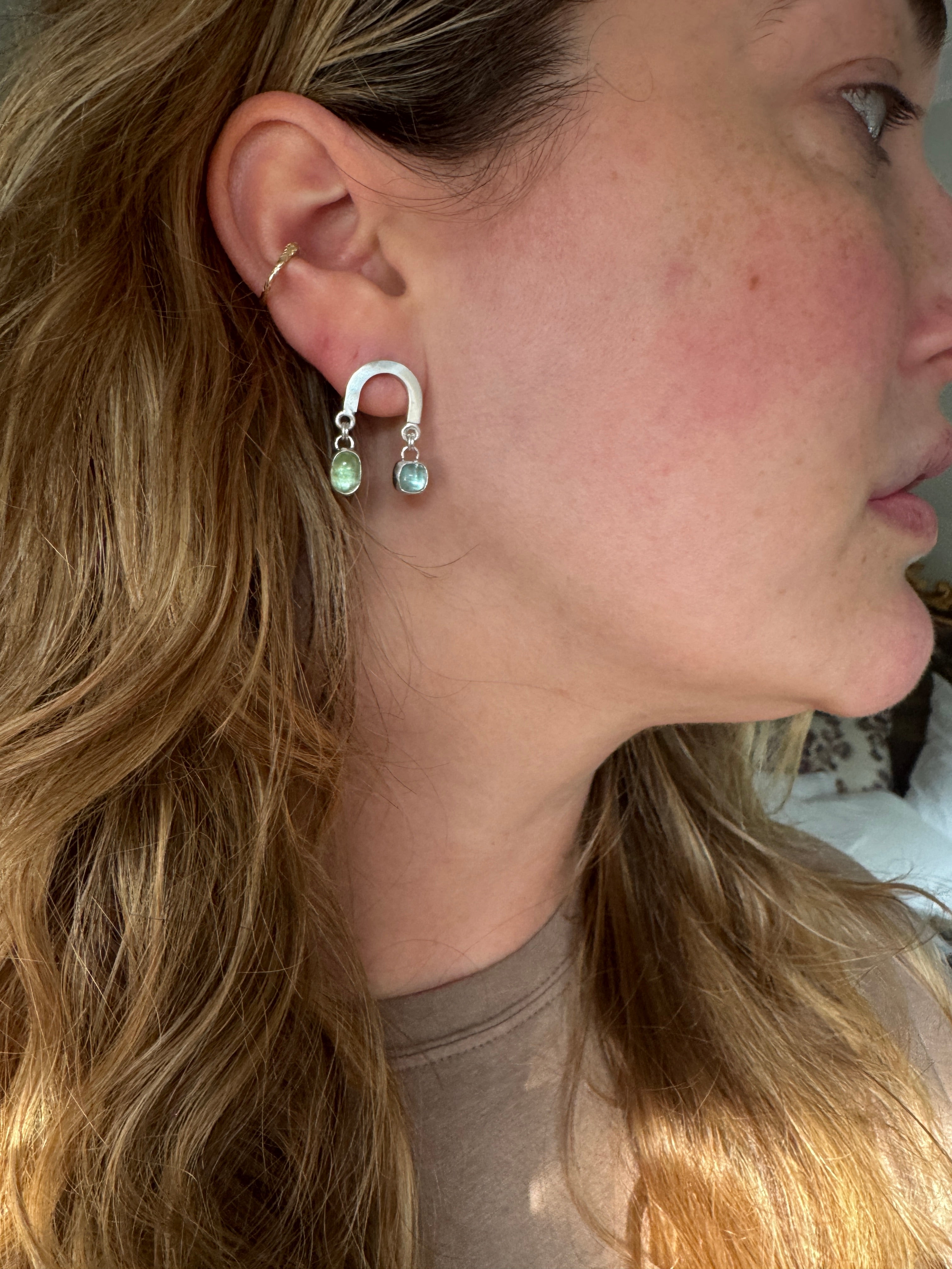 rainbow silver post earrings with blue green tourmaline stones