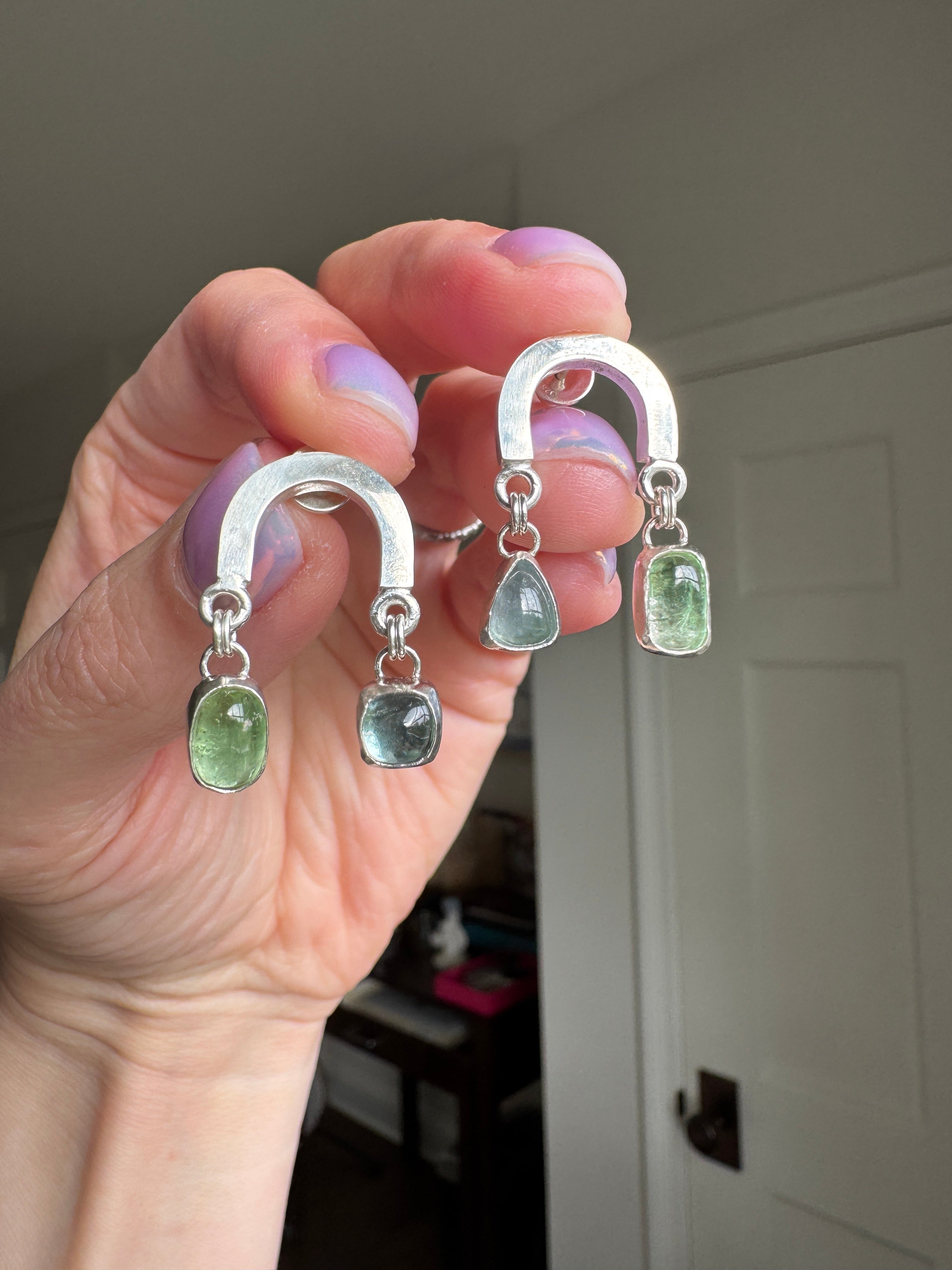 rainbow silver post earrings with blue green tourmaline stones