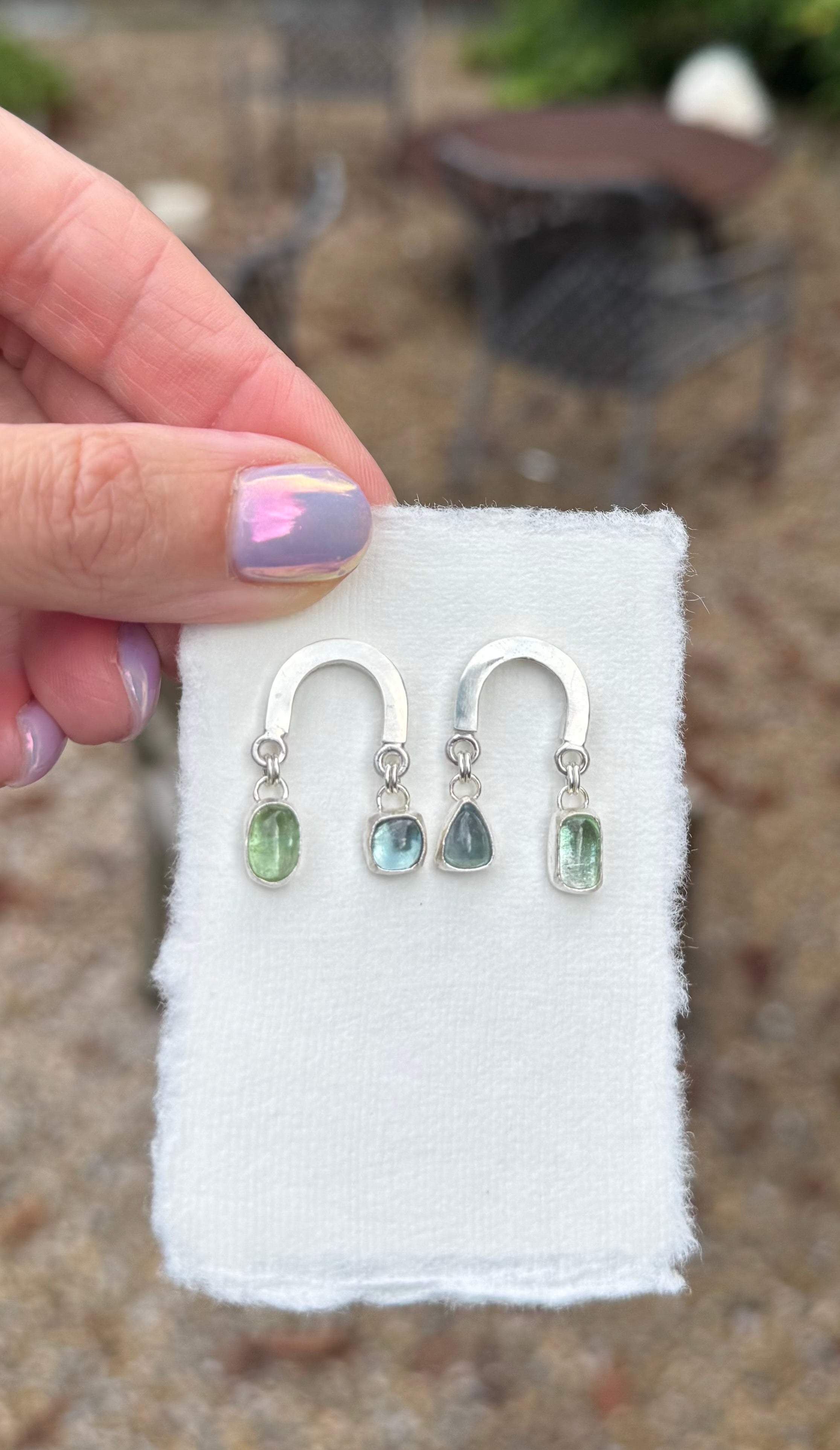 rainbow silver post earrings with blue green tourmaline stones