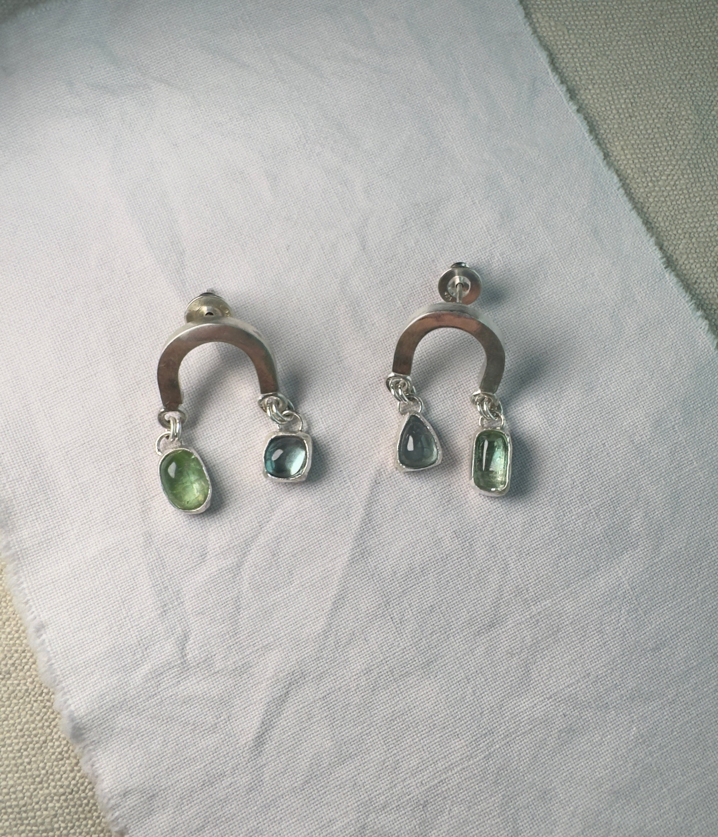 rainbow silver post earrings with blue green tourmaline stones